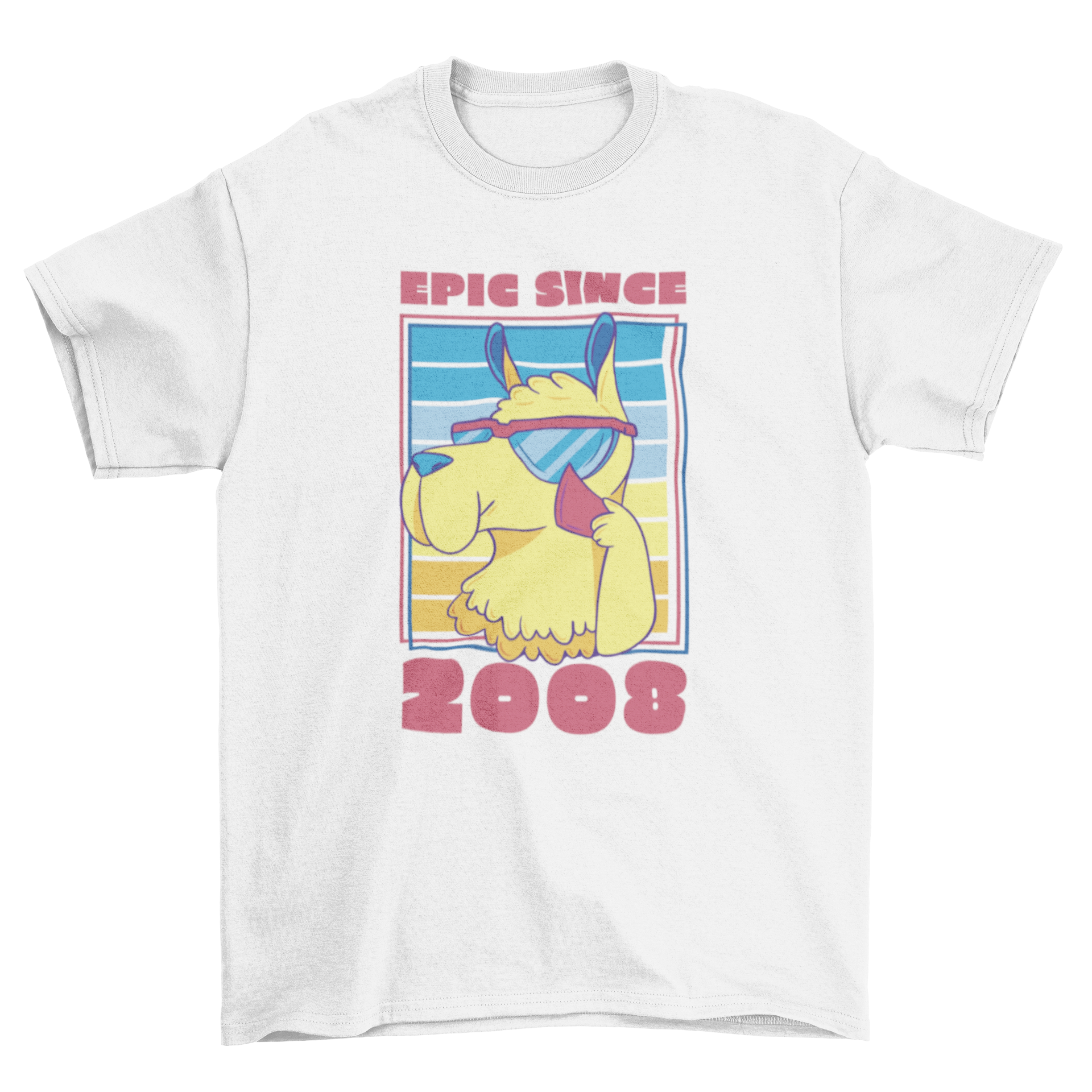 A colorful t-shirt featuring a llama wearing sunglasses with the quote 'Epic since 2008', perfect for birthday celebrations.