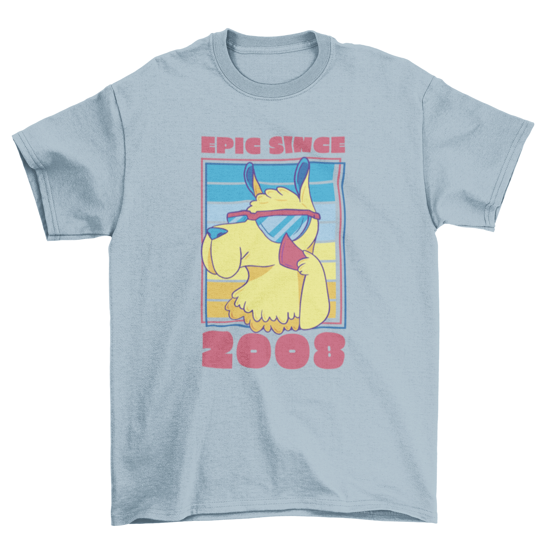 A colorful t-shirt featuring a llama wearing sunglasses with the quote 'Epic since 2008', perfect for birthday celebrations.