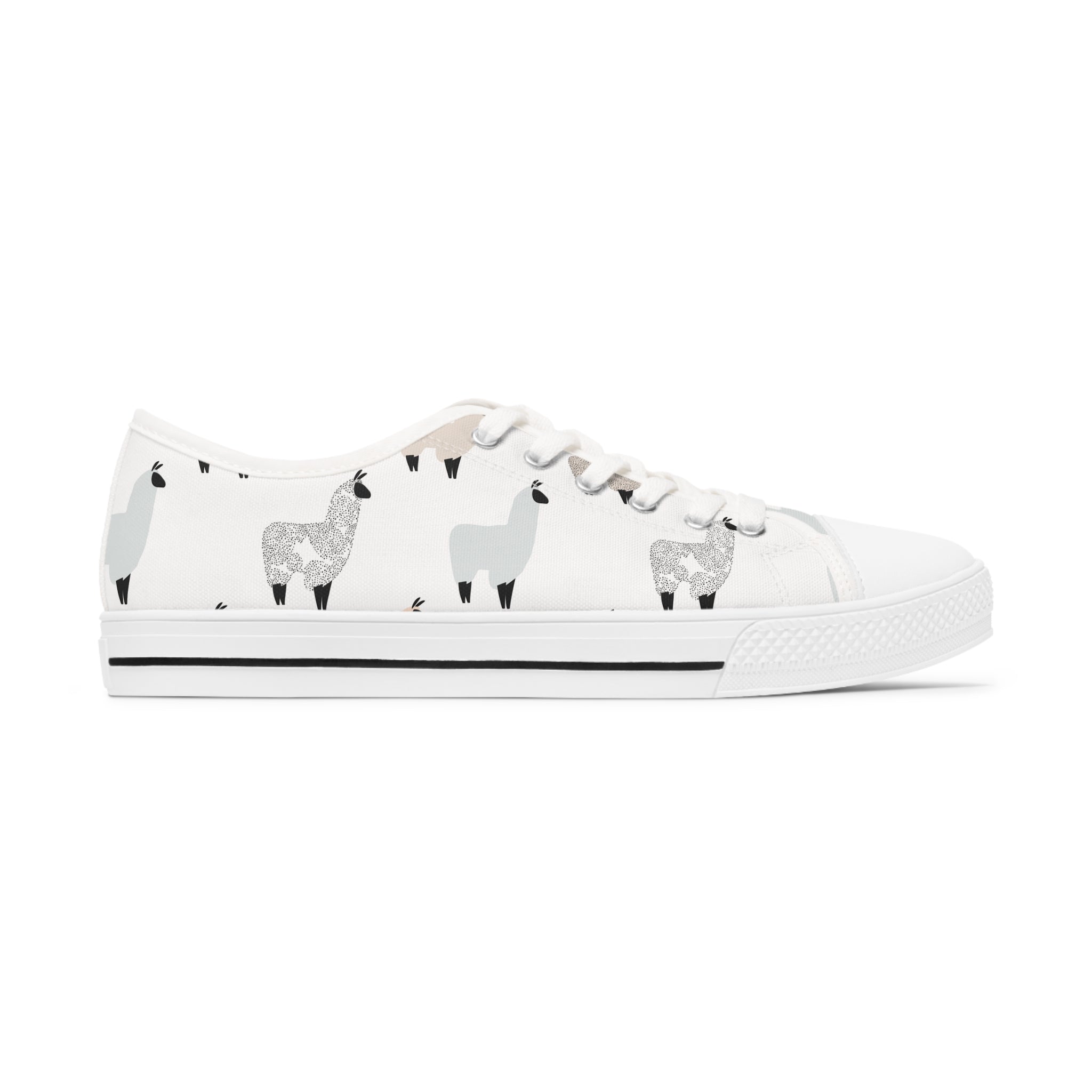 LLama Women's Low Top Sneakers in black and white options, showcasing breathable canvas and stylish design with silver metal eyelets.