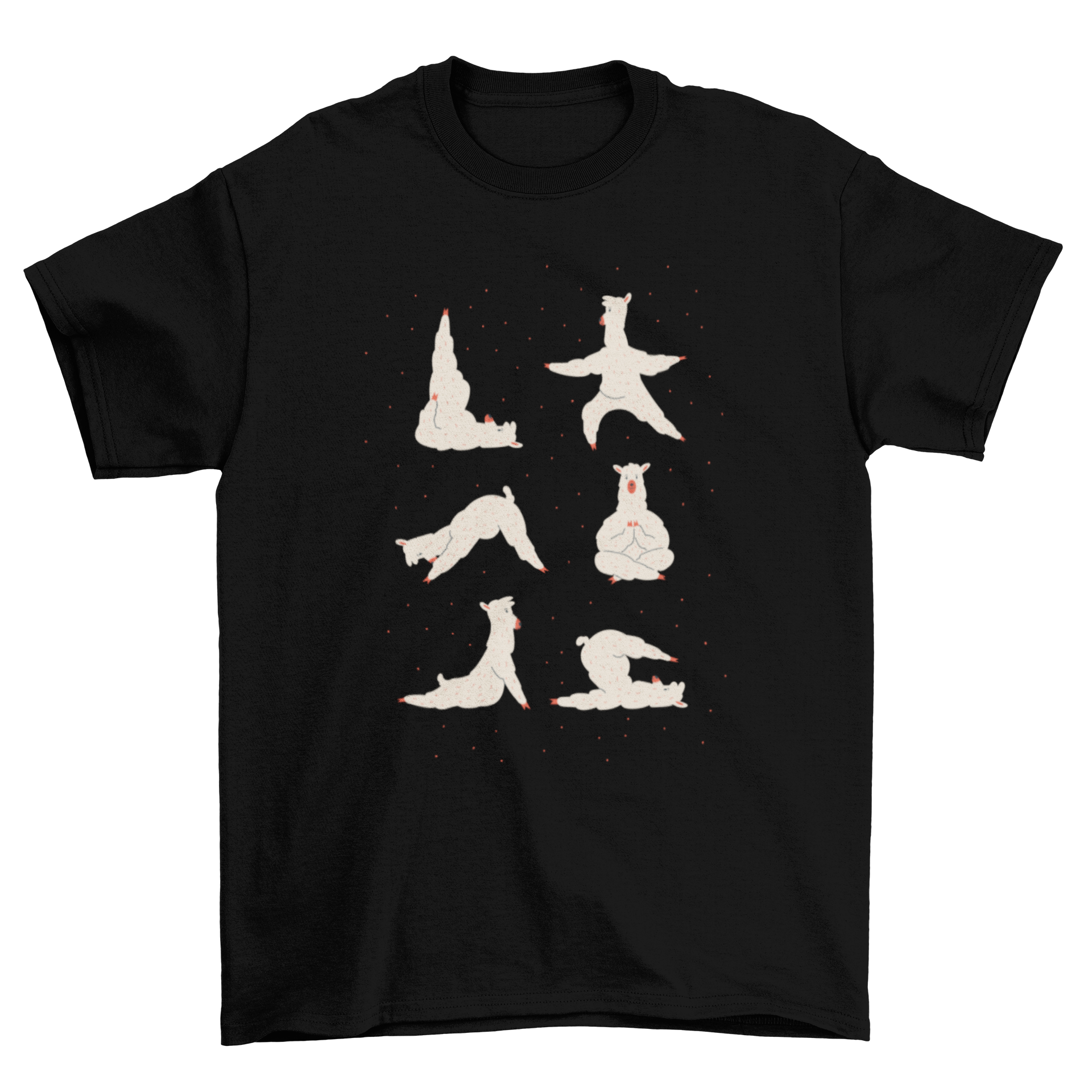 A cute cartoon design of a llama performing yoga poses on a t-shirt, showcasing a whimsical and fun style.