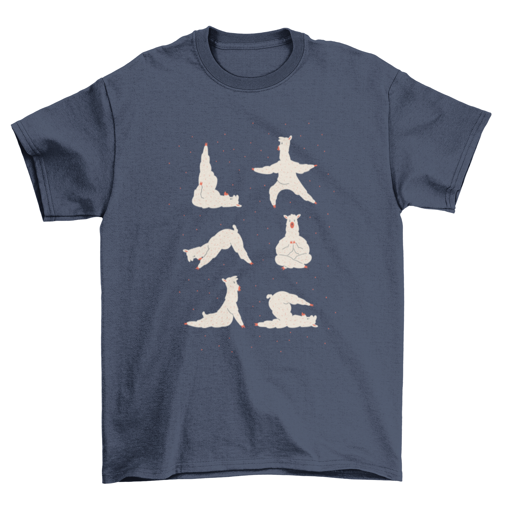 A cute cartoon design of a llama performing yoga poses on a t-shirt, showcasing a whimsical and fun style.