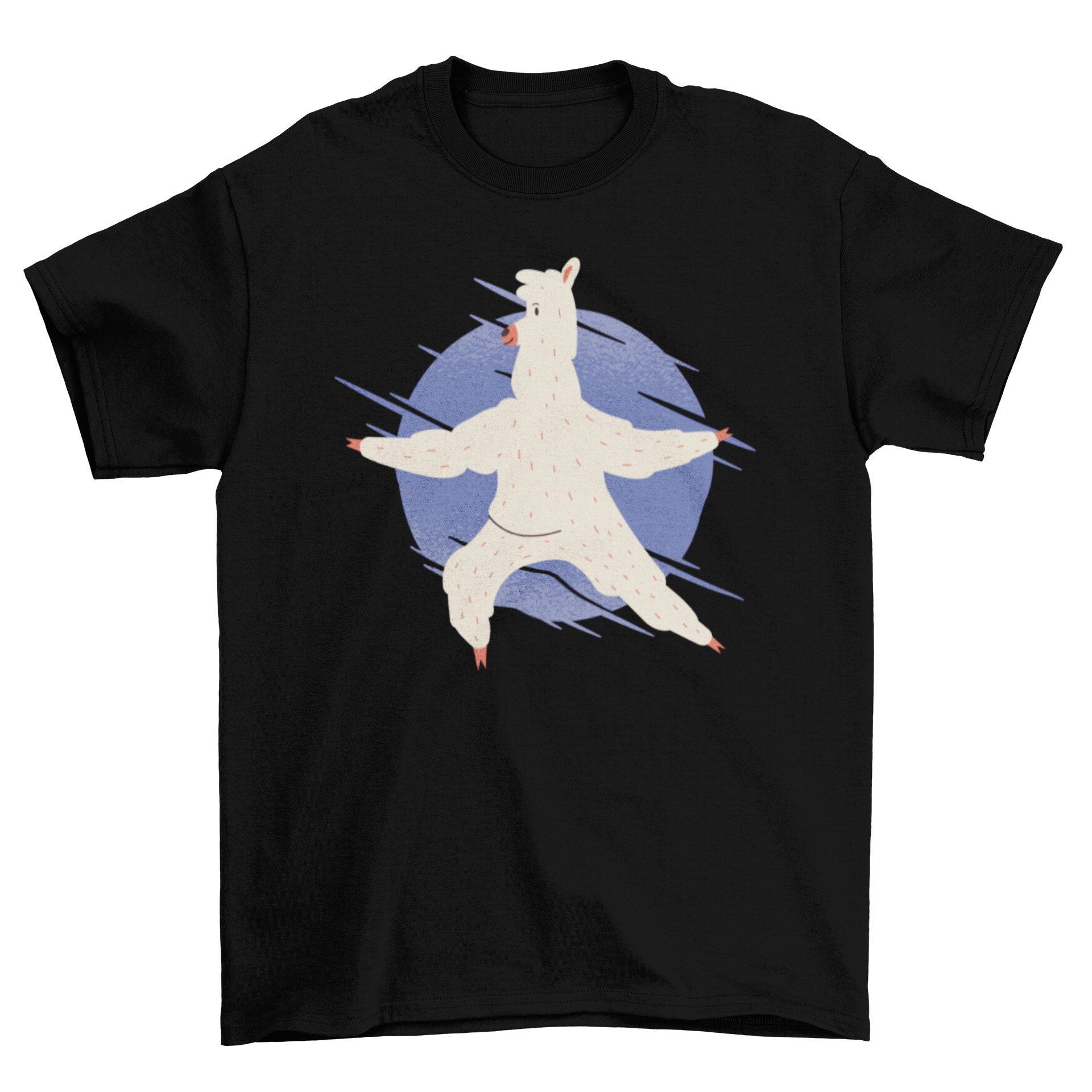 Llama Yoga T-shirt featuring a llama in yoga pose with spread hands on a violet circle background.