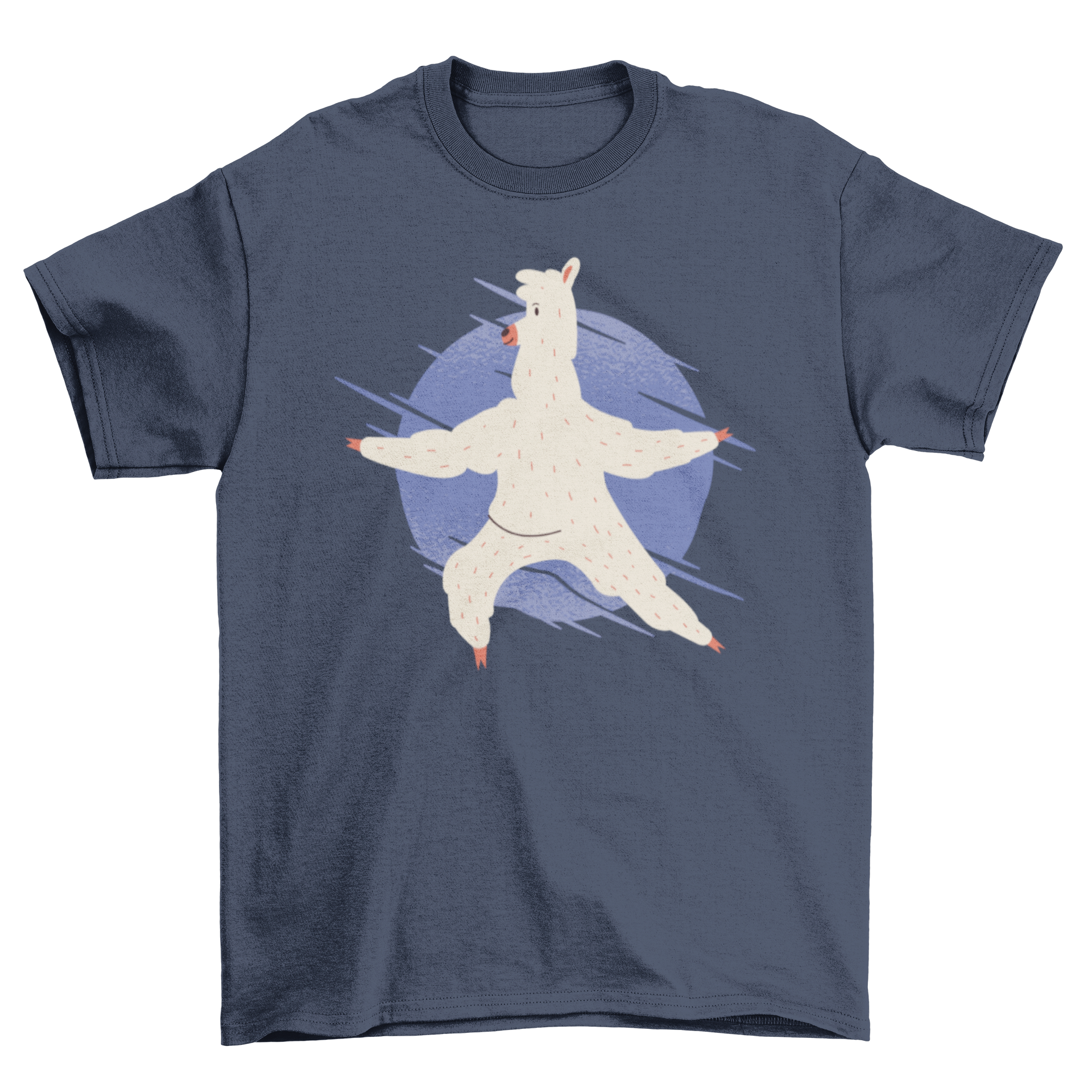 Llama Yoga T-shirt featuring a llama in yoga pose with spread hands on a violet circle background.