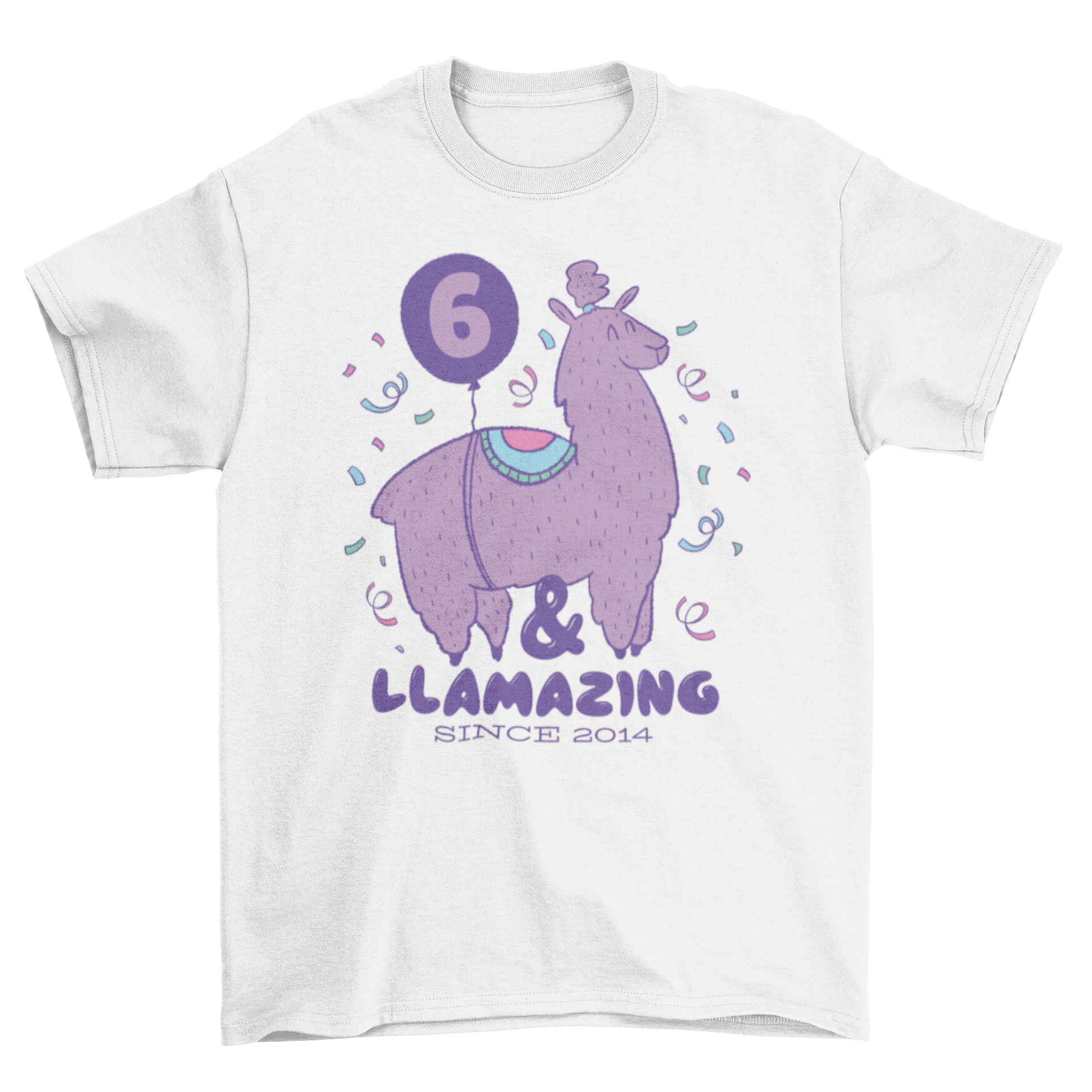 Llamazing birthday t-shirt featuring a cute llama and the quote '6 & llamazing since 2014'.