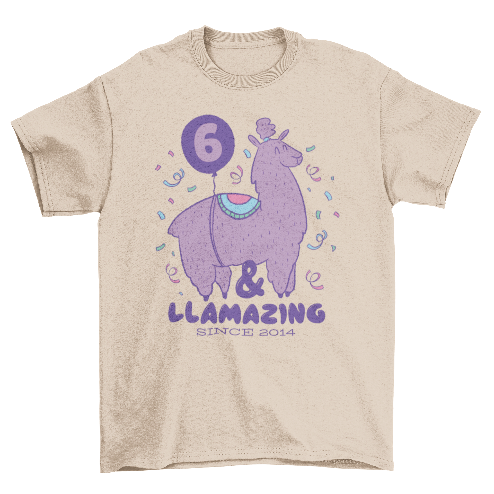 Llamazing birthday t-shirt featuring a cute llama and the quote '6 & llamazing since 2014'.