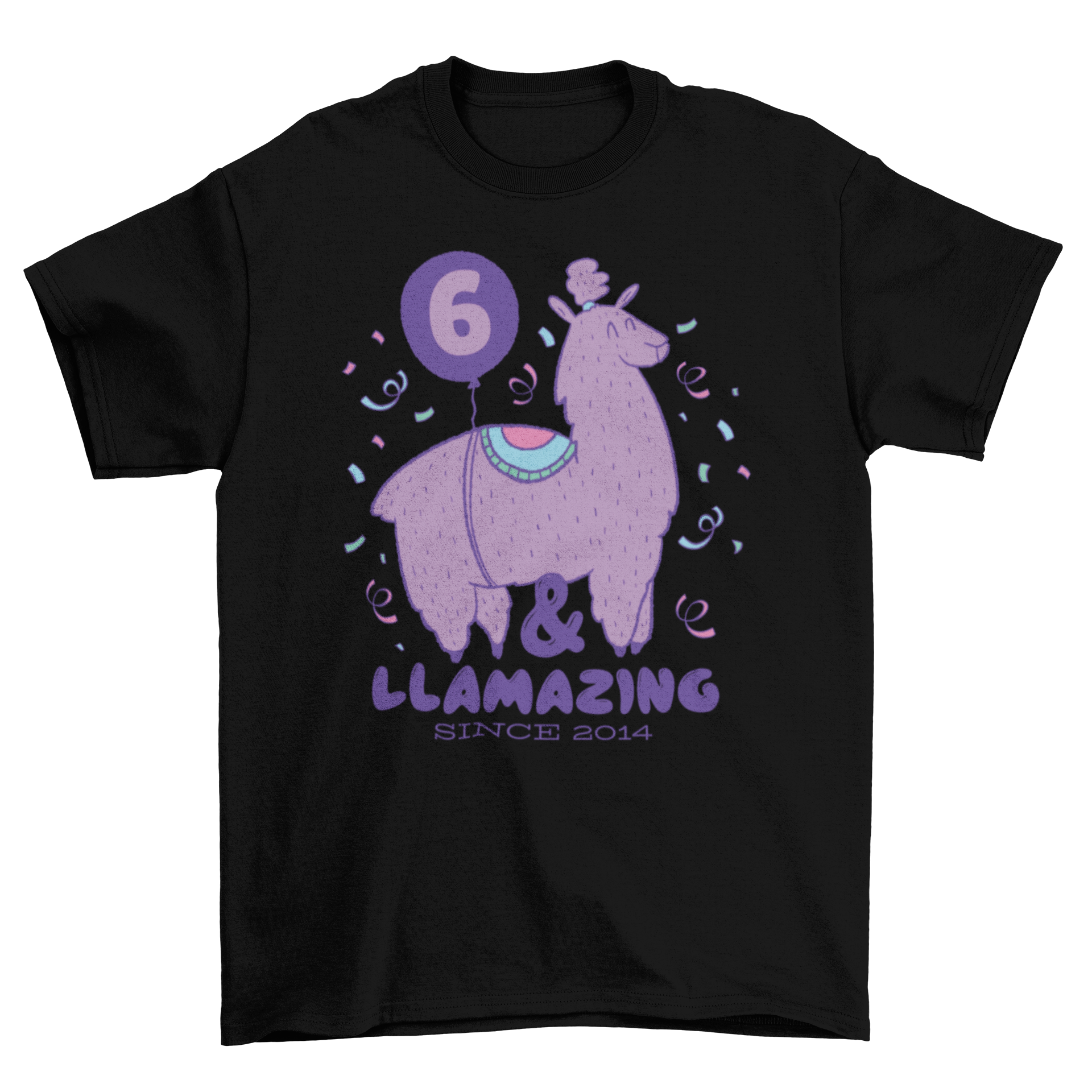 Llamazing birthday t-shirt featuring a cute llama and the quote '6 & llamazing since 2014'.