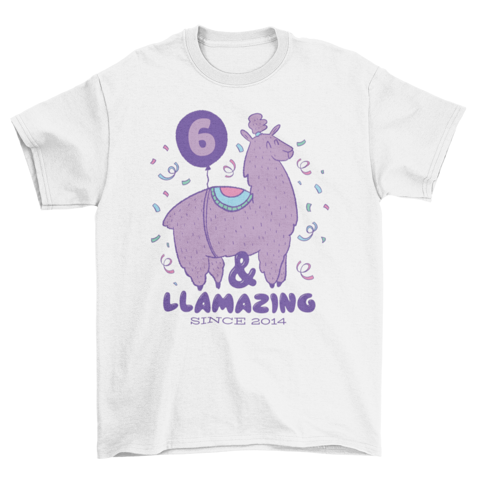 Llamazing birthday t-shirt featuring a cute llama and the quote '6 & llamazing since 2014'.