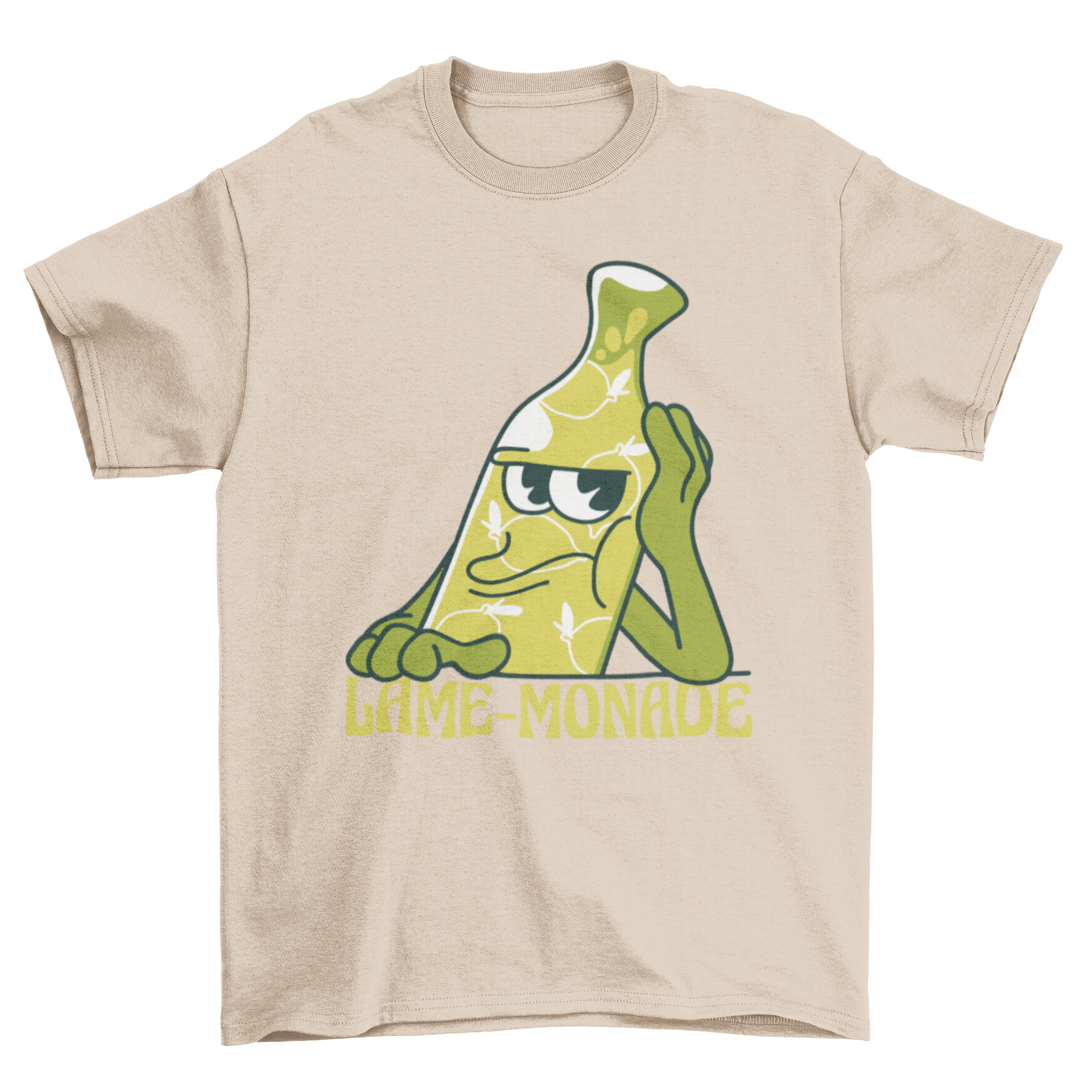 Lame-monade lemonade t-shirt featuring a bored lemonade bottle character with a humorous quote.