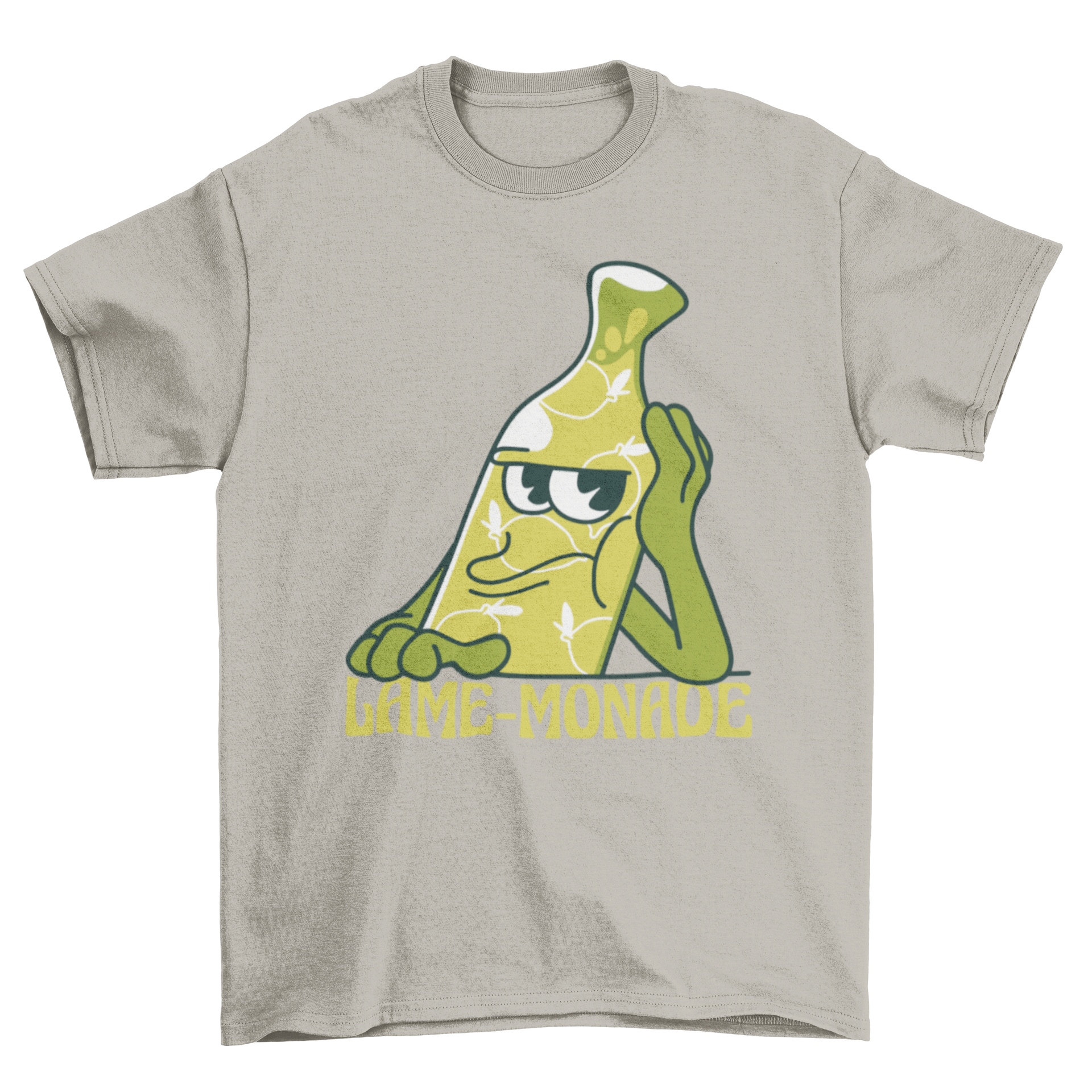 Lame-monade lemonade t-shirt featuring a bored lemonade bottle character with a humorous quote.