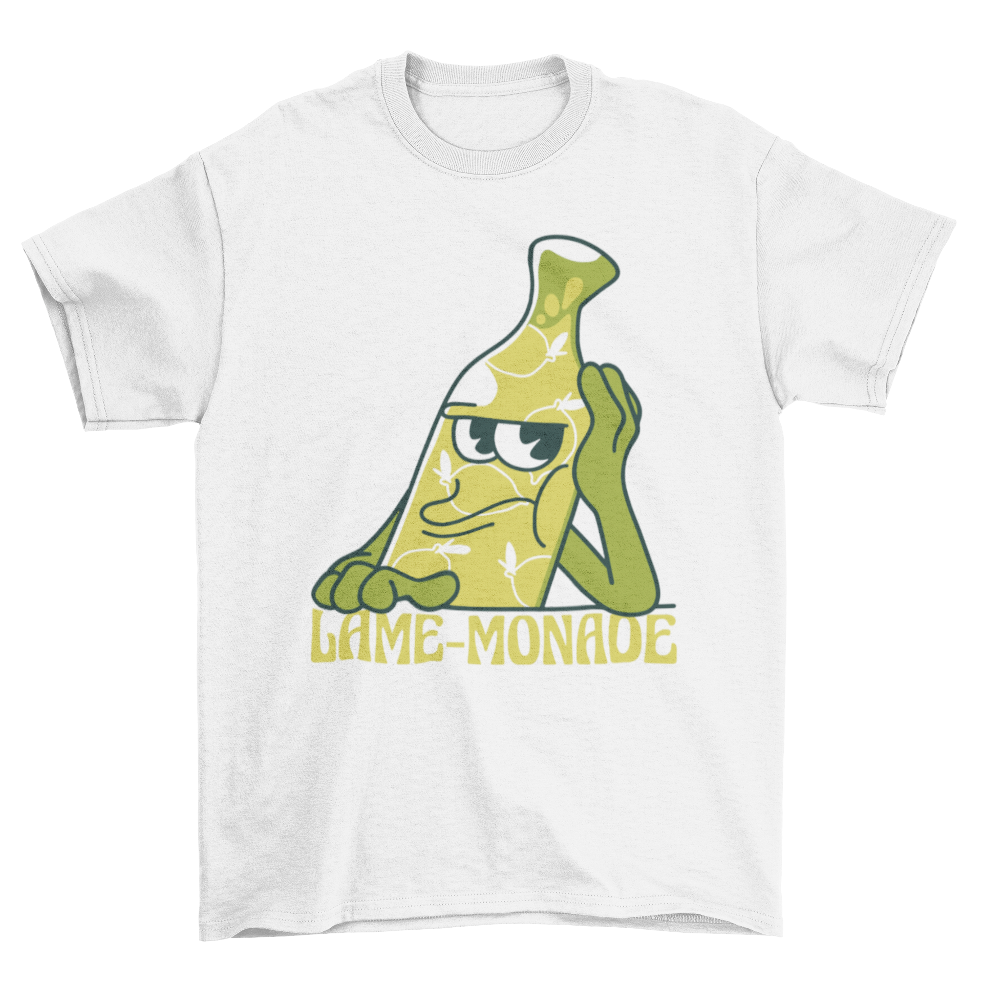 Lame-monade lemonade t-shirt featuring a bored lemonade bottle character with a humorous quote.