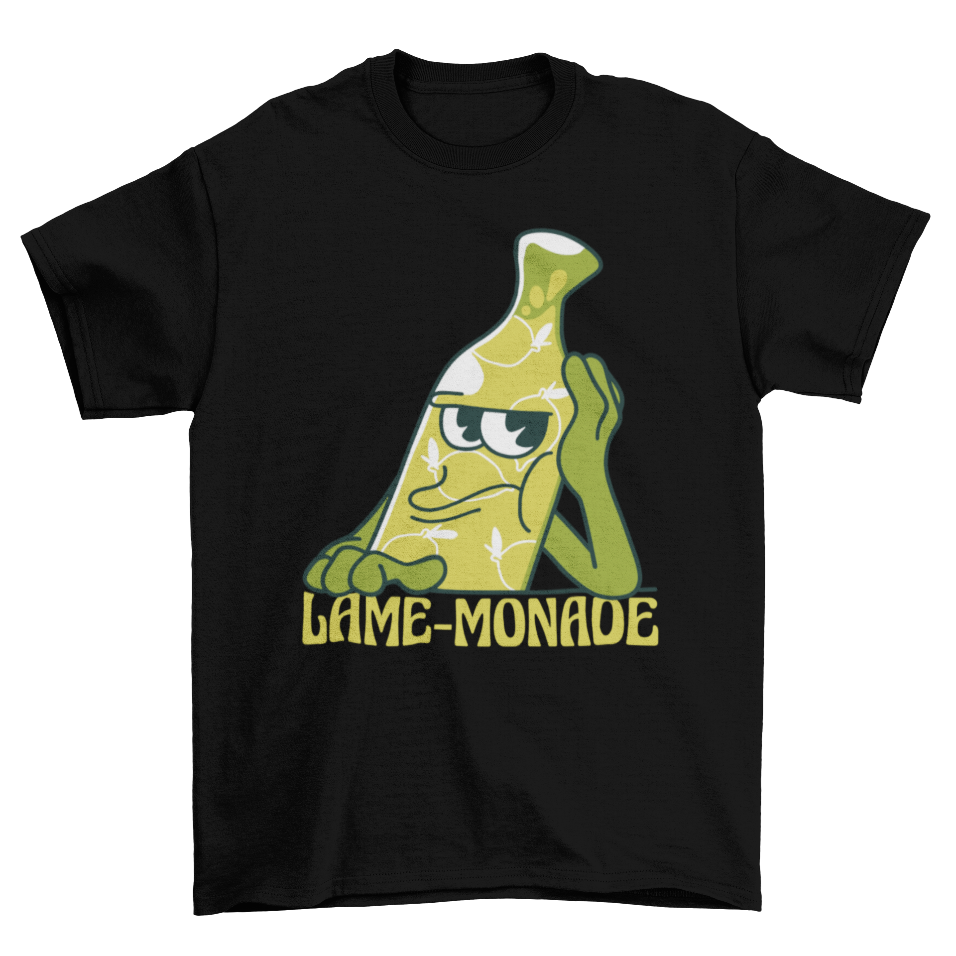 Lame-monade lemonade t-shirt featuring a bored lemonade bottle character with a humorous quote.