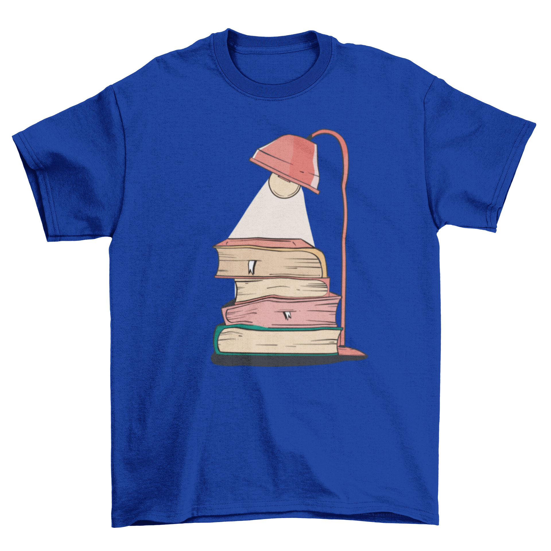 A stylish T-shirt design featuring a stack of four books under a warm lamp, perfect for book lovers.