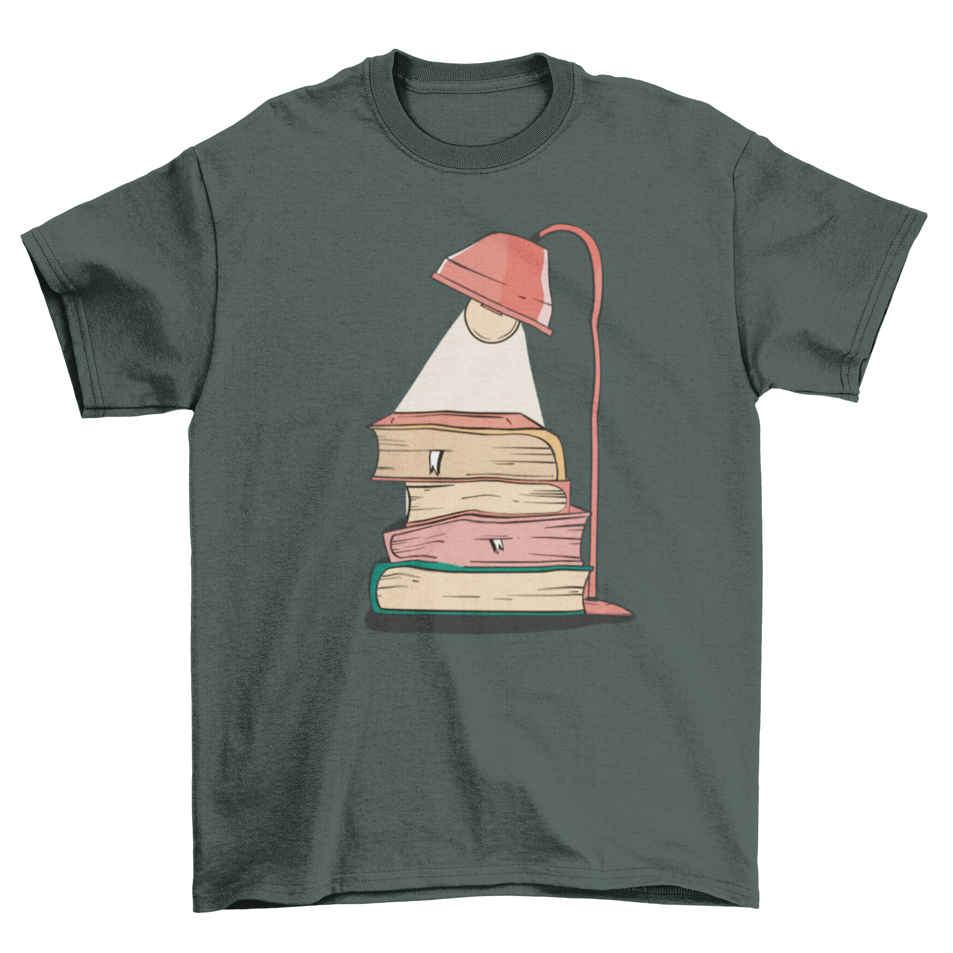 A stylish T-shirt design featuring a stack of four books under a warm lamp, perfect for book lovers.