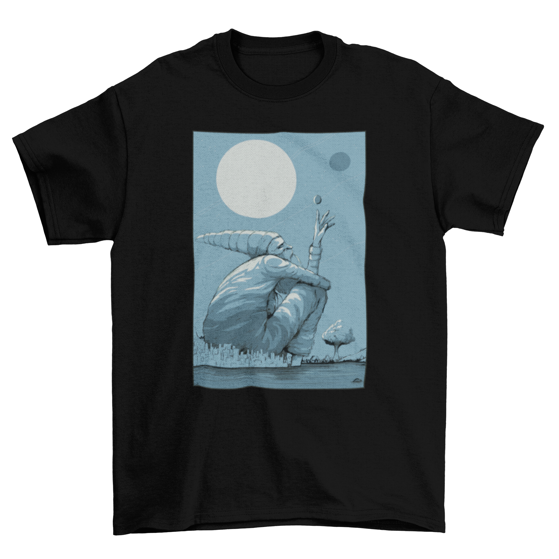 A whimsical Landscape Gnome T-Shirt featuring a giant gnome sitting on a city under the moonlight, showcasing vibrant colors and intricate details.