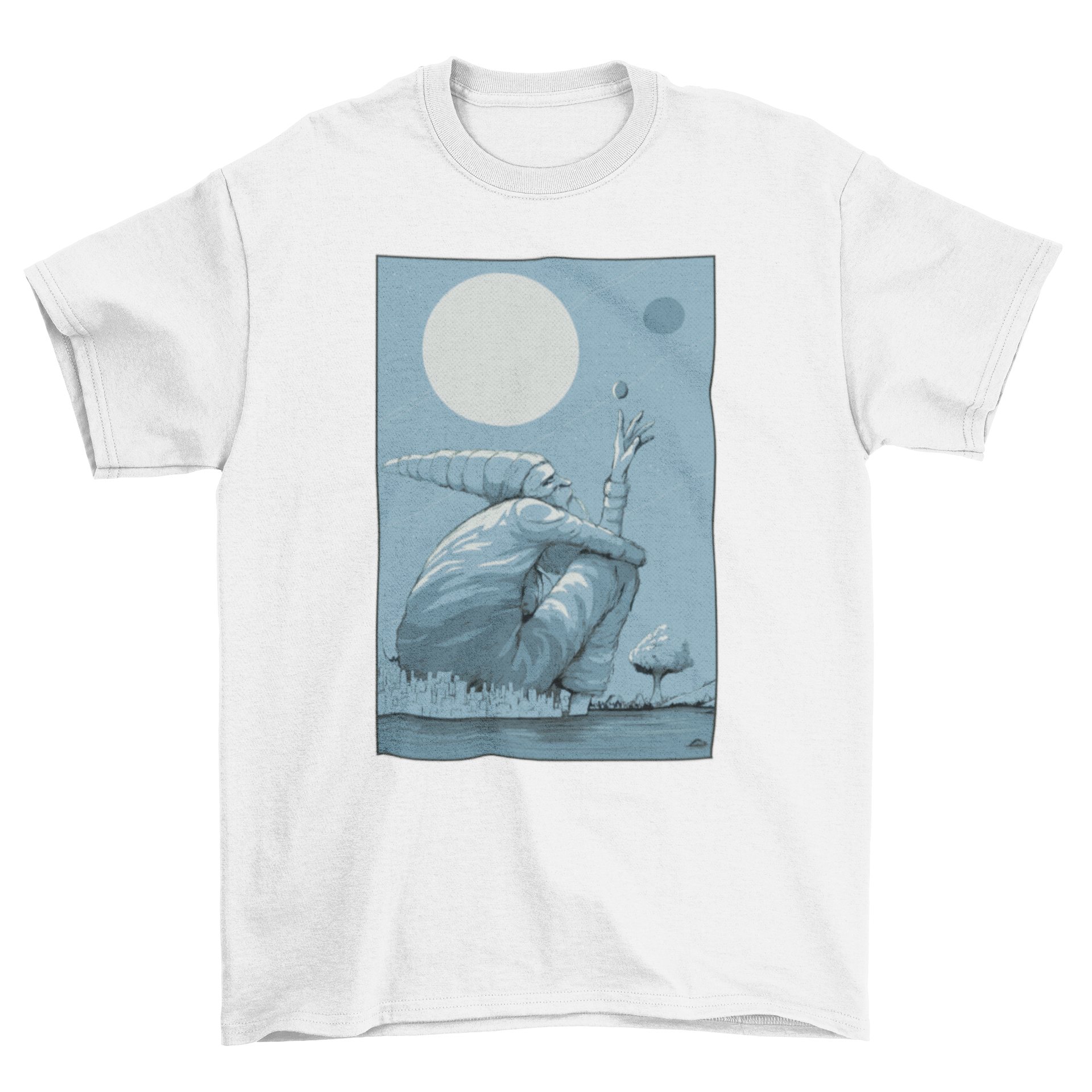 A whimsical Landscape Gnome T-Shirt featuring a giant gnome sitting on a city under the moonlight, showcasing vibrant colors and intricate details.