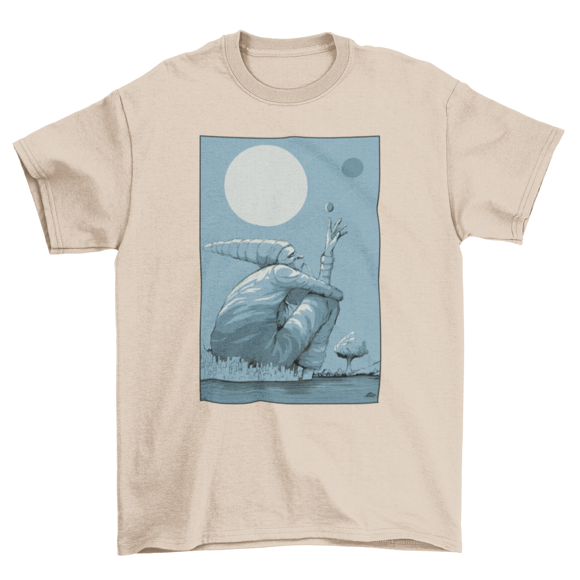 A whimsical Landscape Gnome T-Shirt featuring a giant gnome sitting on a city under the moonlight, showcasing vibrant colors and intricate details.