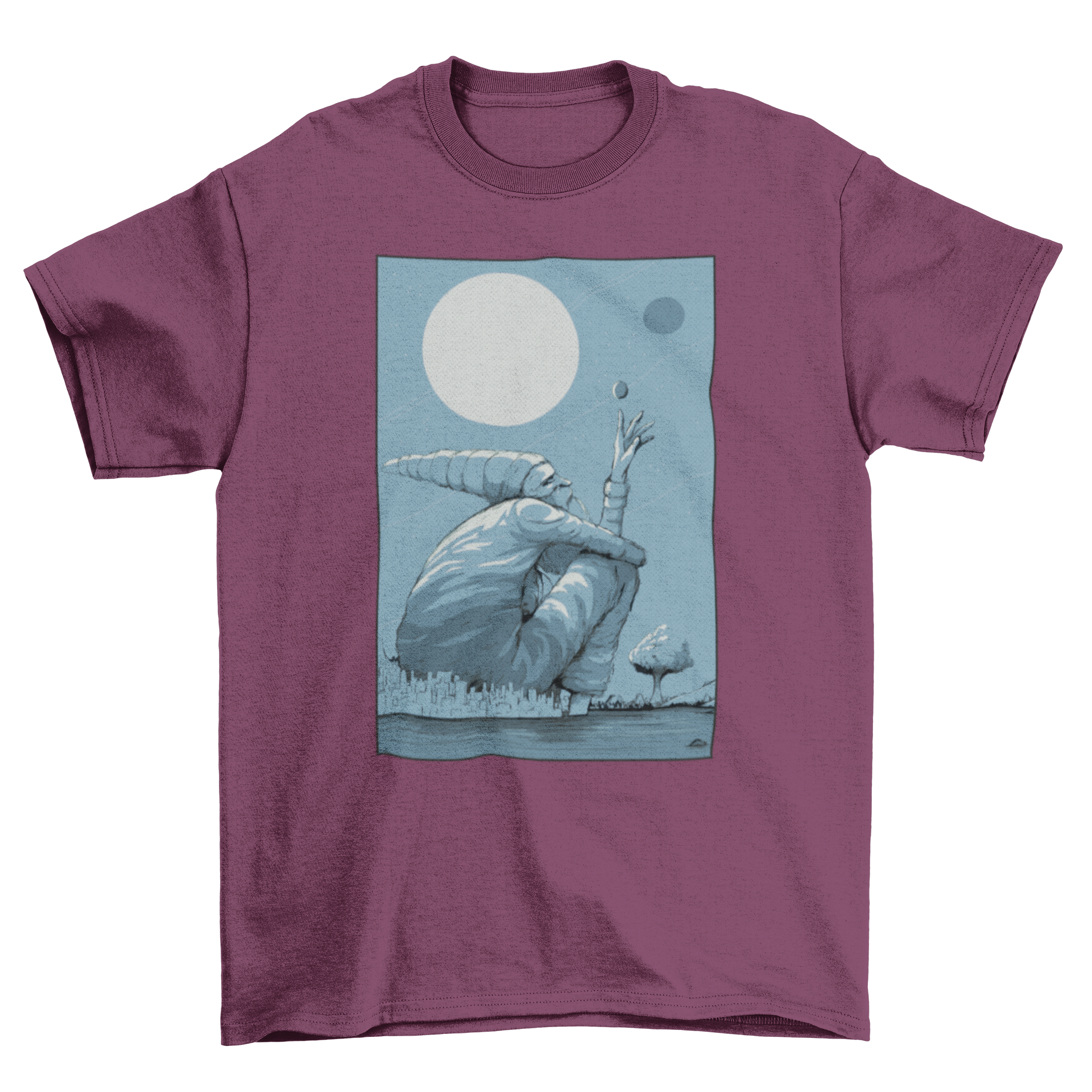 A whimsical Landscape Gnome T-Shirt featuring a giant gnome sitting on a city under the moonlight, showcasing vibrant colors and intricate details.