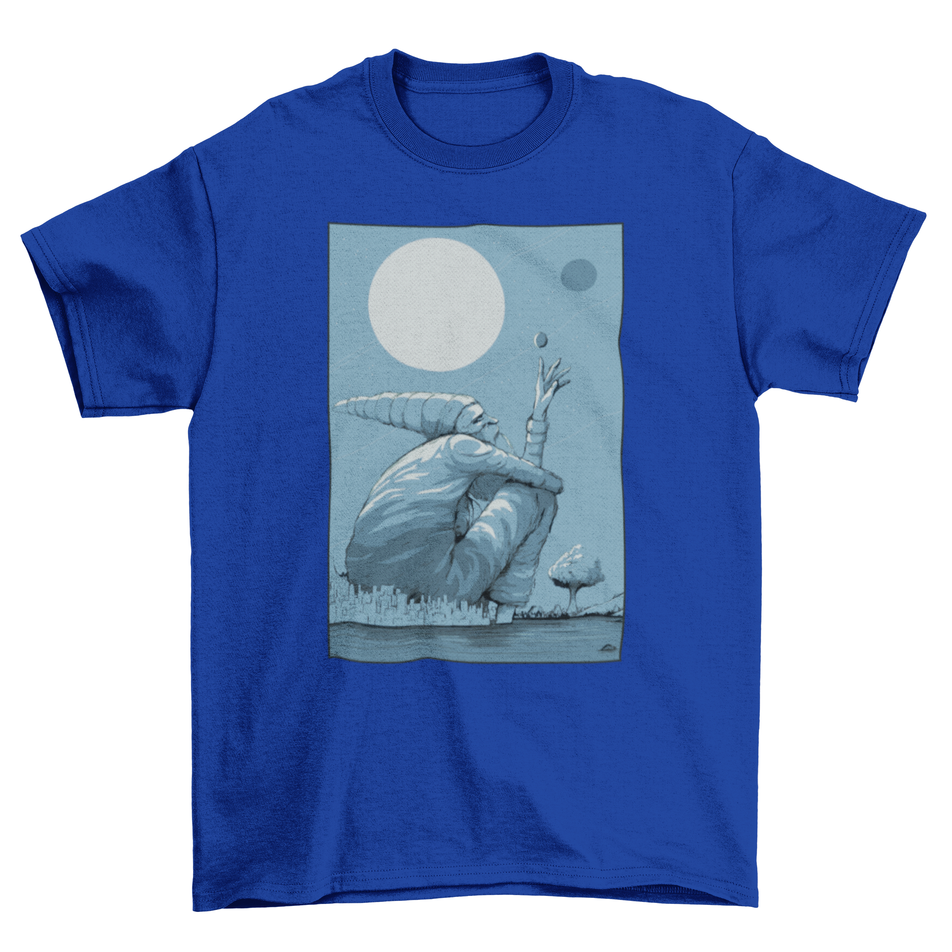 A whimsical Landscape Gnome T-Shirt featuring a giant gnome sitting on a city under the moonlight, showcasing vibrant colors and intricate details.