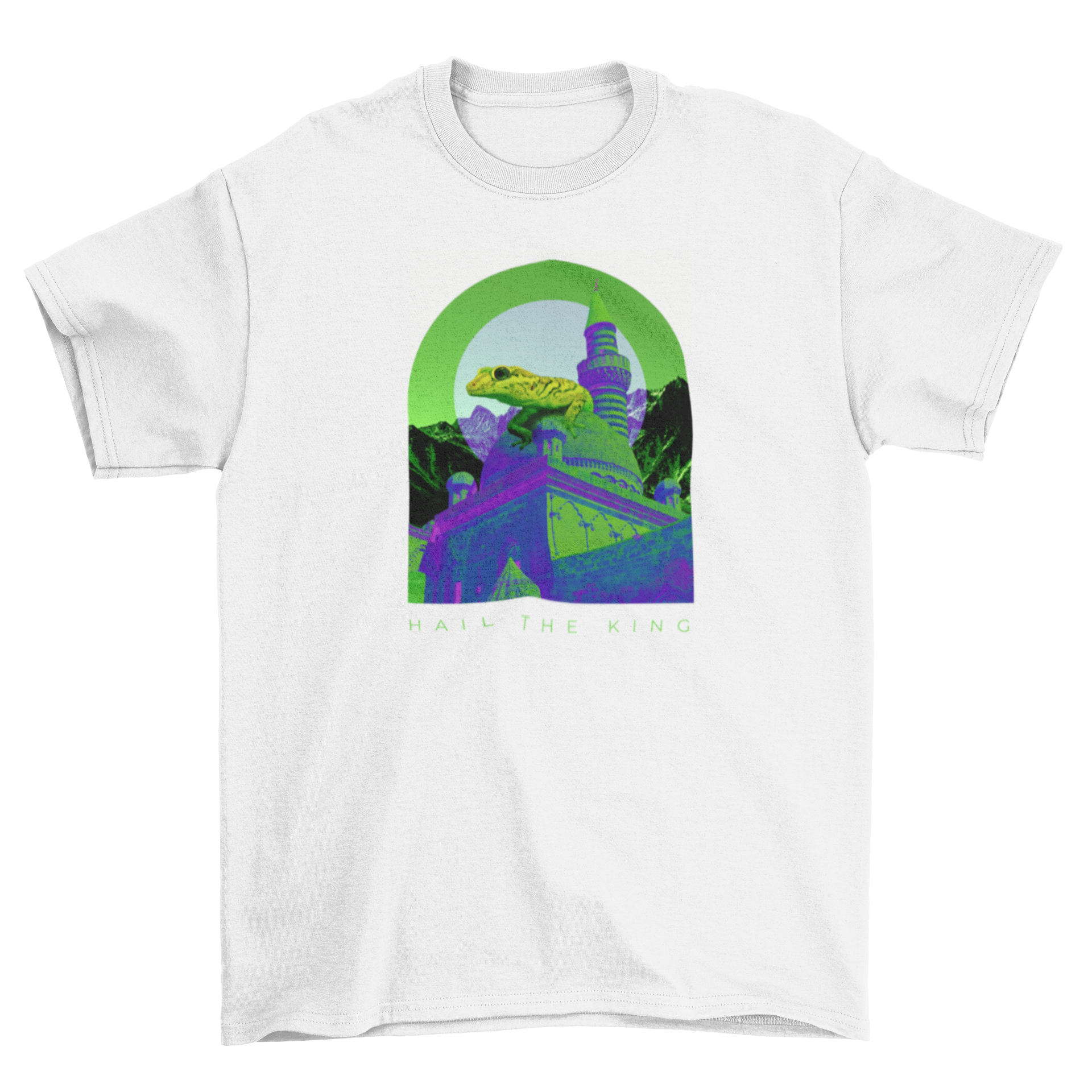 Landscape Lizard T-Shirt featuring a colorful castle and lizard design with the quote 'Hail the king'.