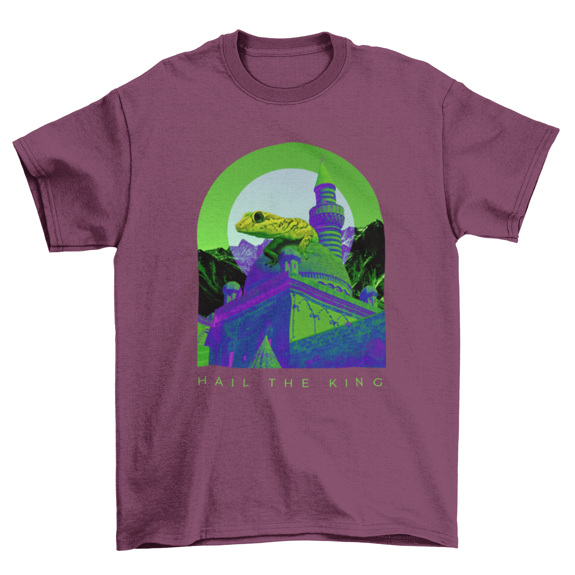 Landscape Lizard T-Shirt featuring a colorful castle and lizard design with the quote 'Hail the king'.