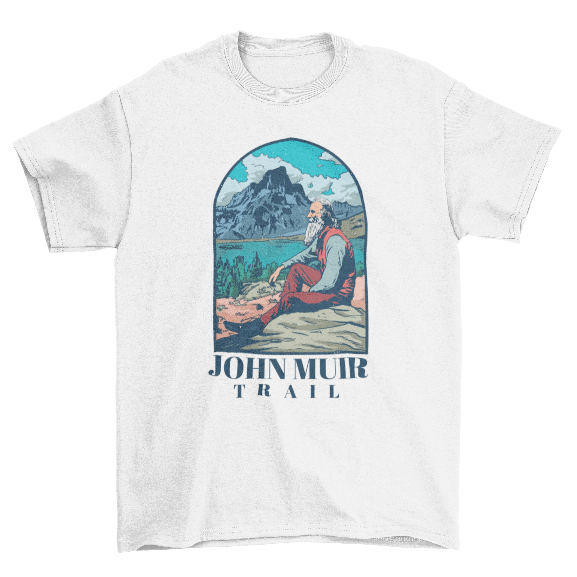 A stylish t-shirt featuring a serene landscape painting with a person resting and the quote 'John Muir trail'.