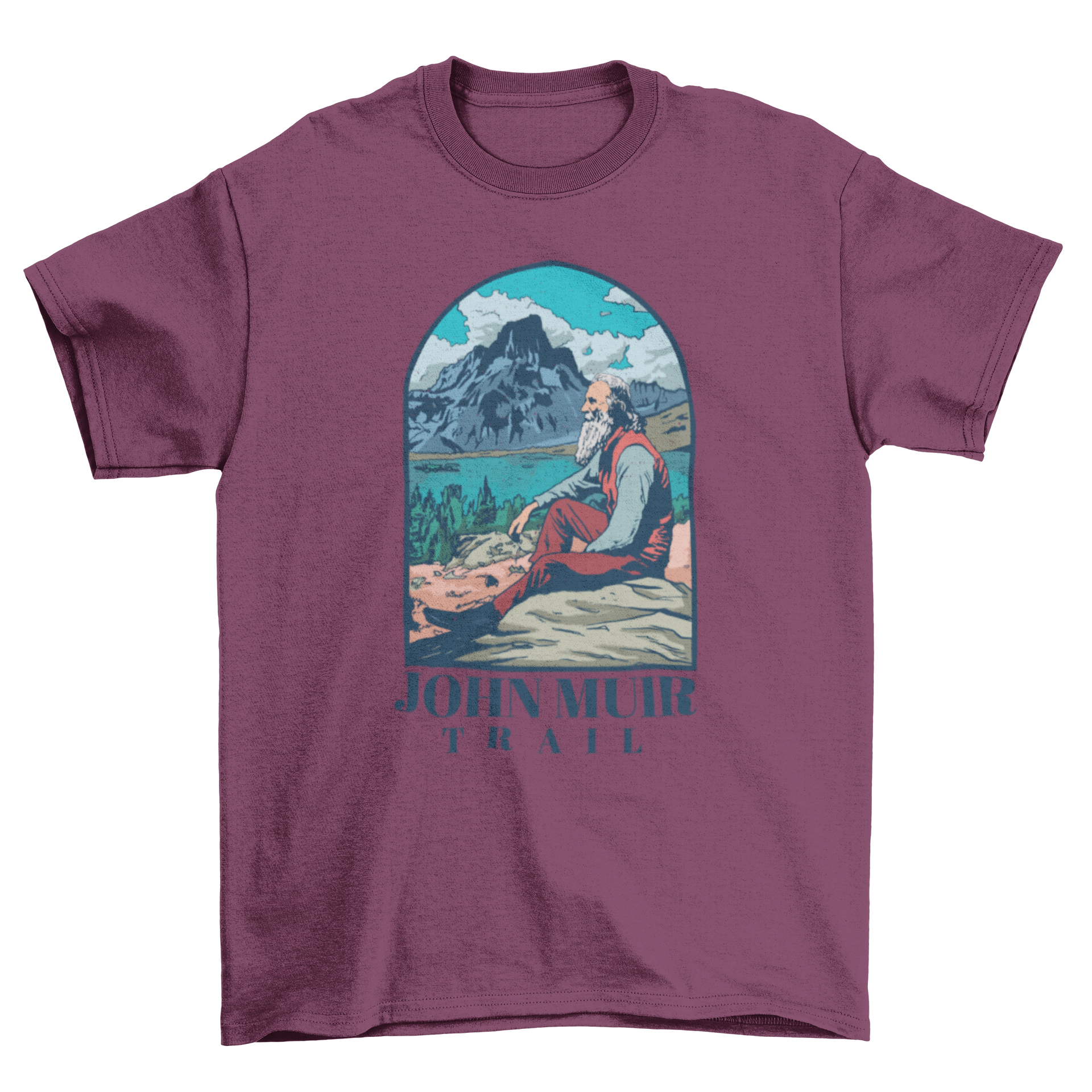 A stylish t-shirt featuring a serene landscape painting with a person resting and the quote 'John Muir trail'.