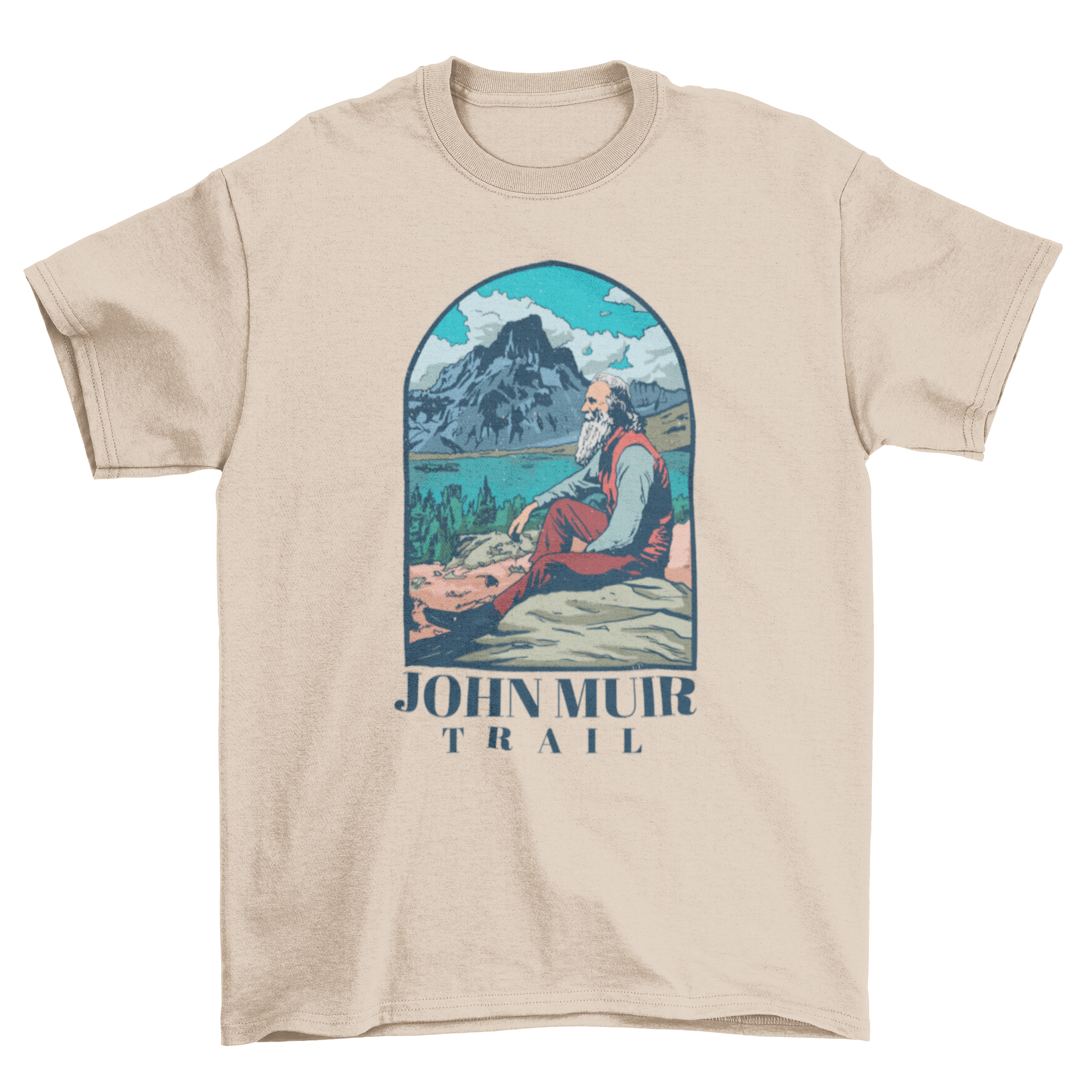 A stylish t-shirt featuring a serene landscape painting with a person resting and the quote 'John Muir trail'.