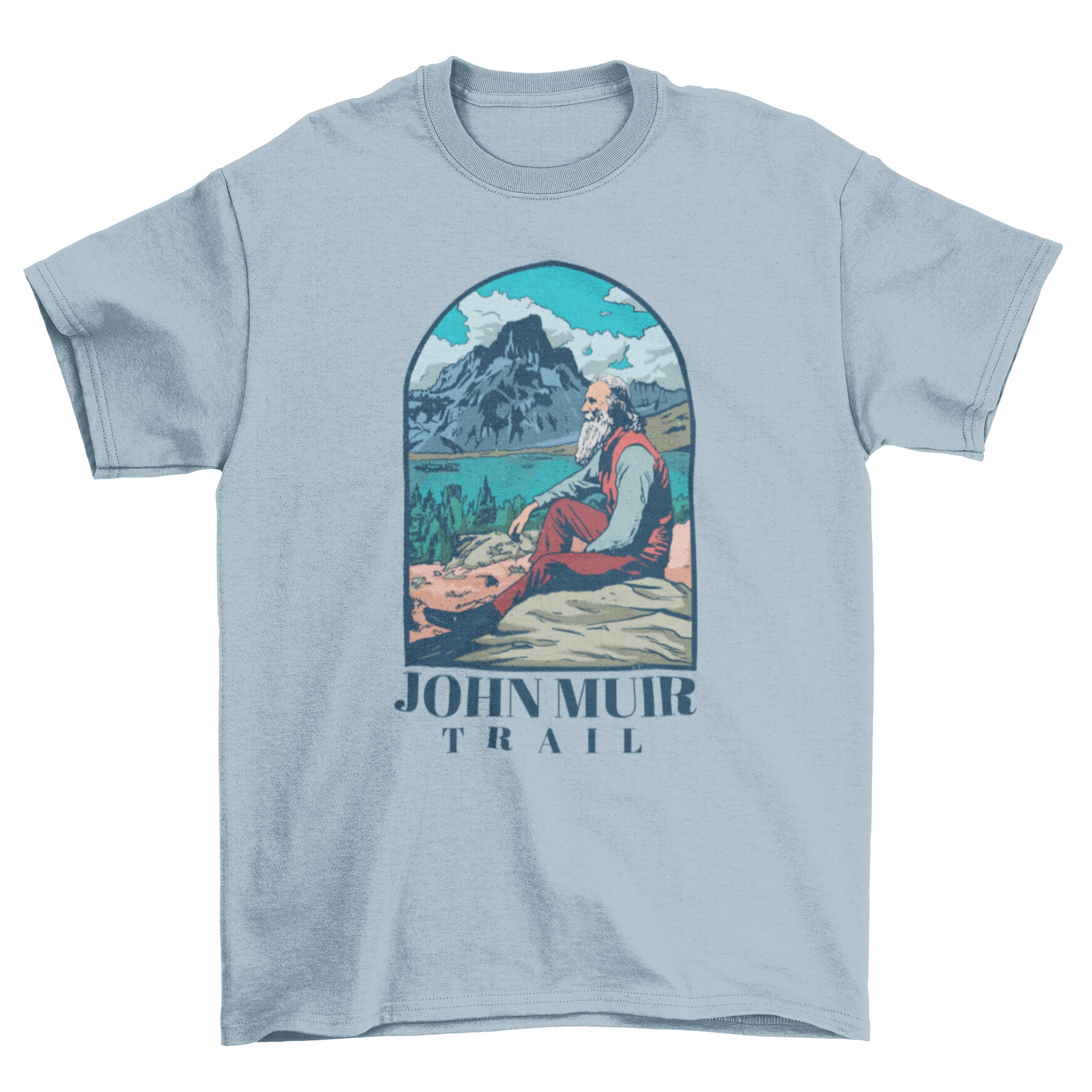 A stylish t-shirt featuring a serene landscape painting with a person resting and the quote 'John Muir trail'.