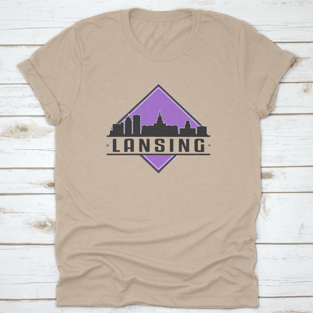 Lansing, MI Skyline Silhouette Logo T-shirt featuring a unique design on a soft cotton fabric.