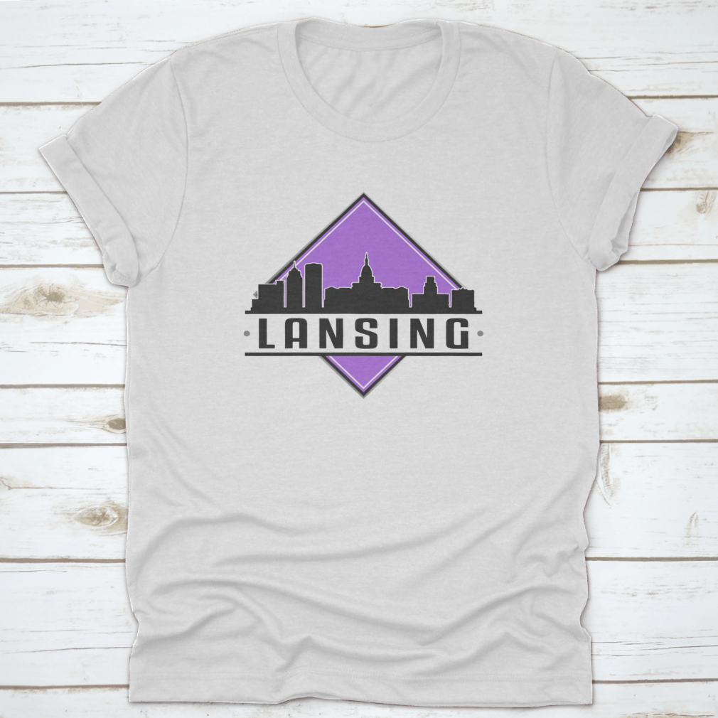 Lansing, MI Skyline Silhouette Logo T-shirt featuring a unique design on a soft cotton fabric.