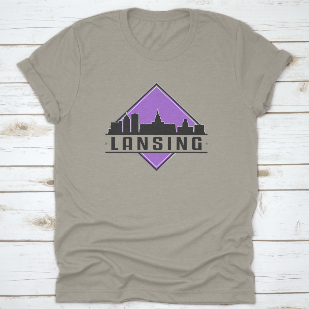 Lansing, MI Skyline Silhouette Logo T-shirt featuring a unique design on a soft cotton fabric.