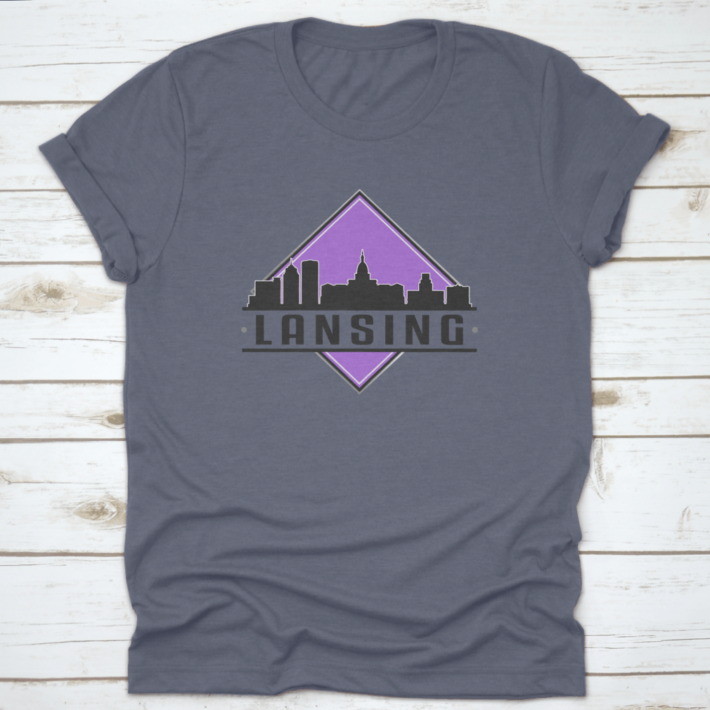 Lansing, MI Skyline Silhouette Logo T-shirt featuring a unique design on a soft cotton fabric.