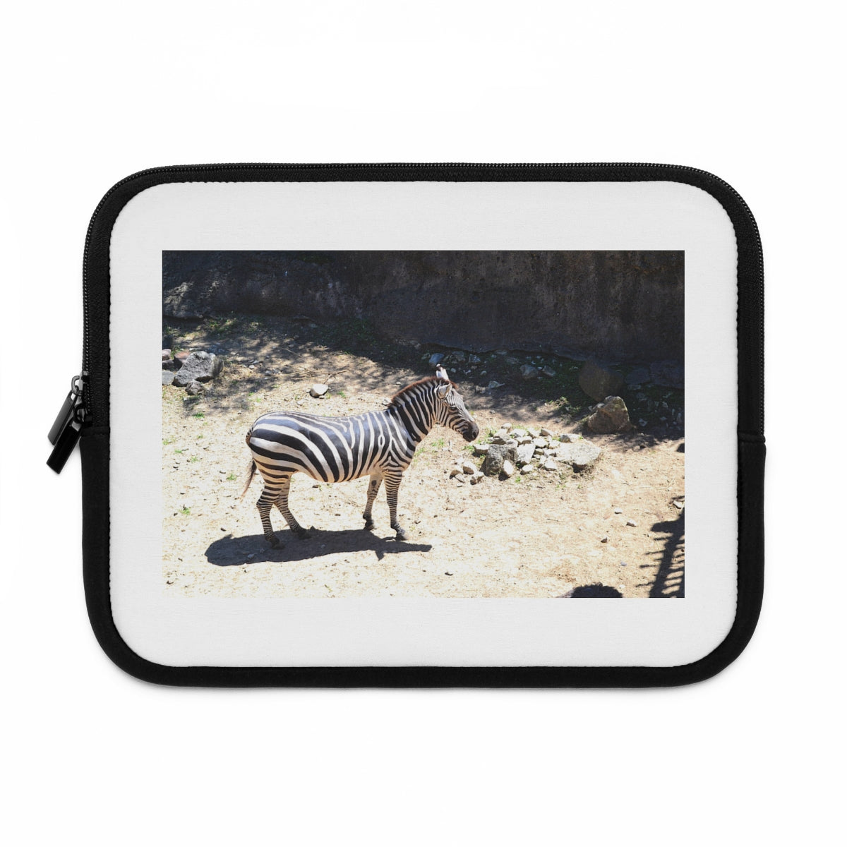 A stylish personalized laptop sleeve made of smooth neoprene, featuring a customizable front and solid black back, ideal for protecting laptops during travel.