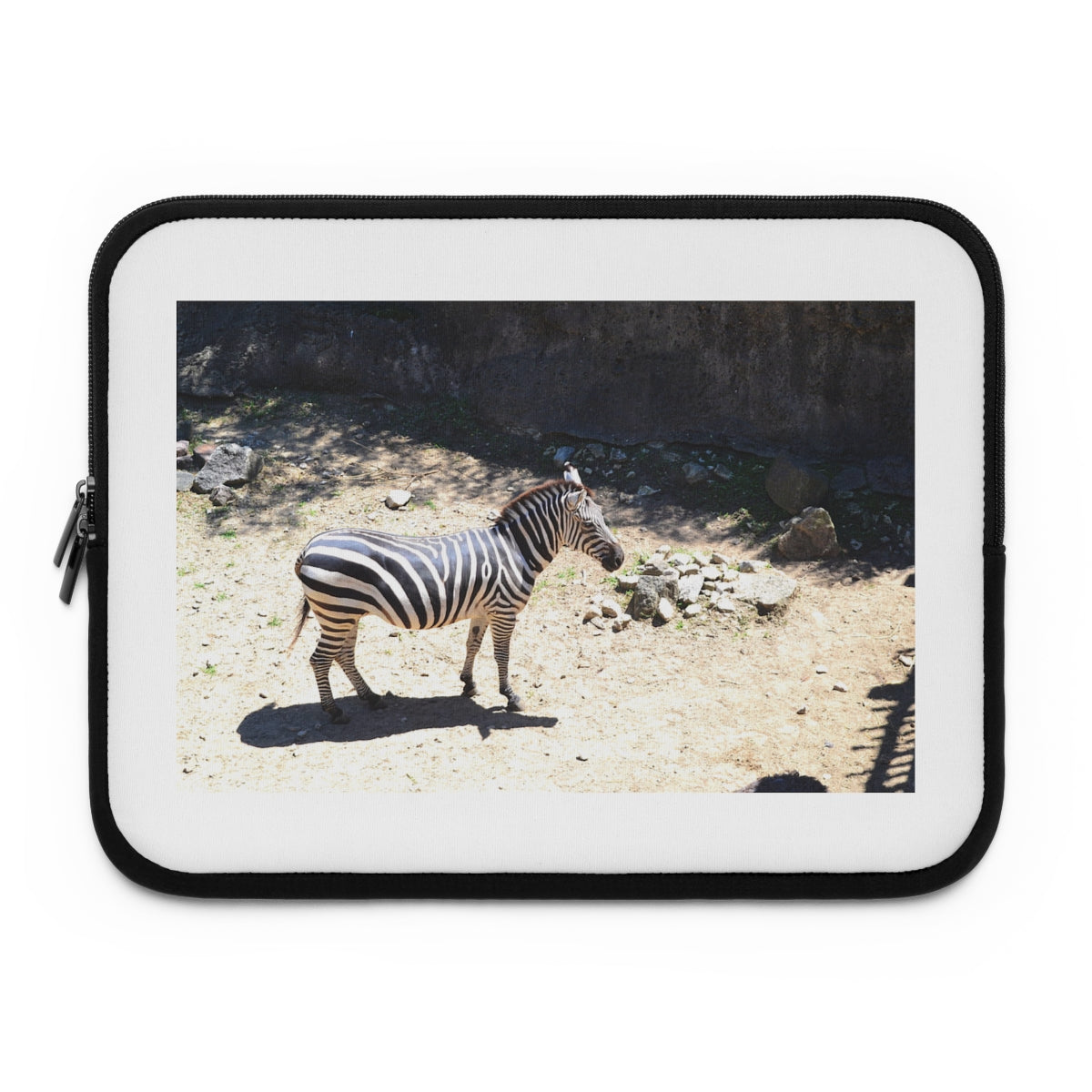 A stylish personalized laptop sleeve made of smooth neoprene, featuring a customizable front and solid black back, ideal for protecting laptops during travel.