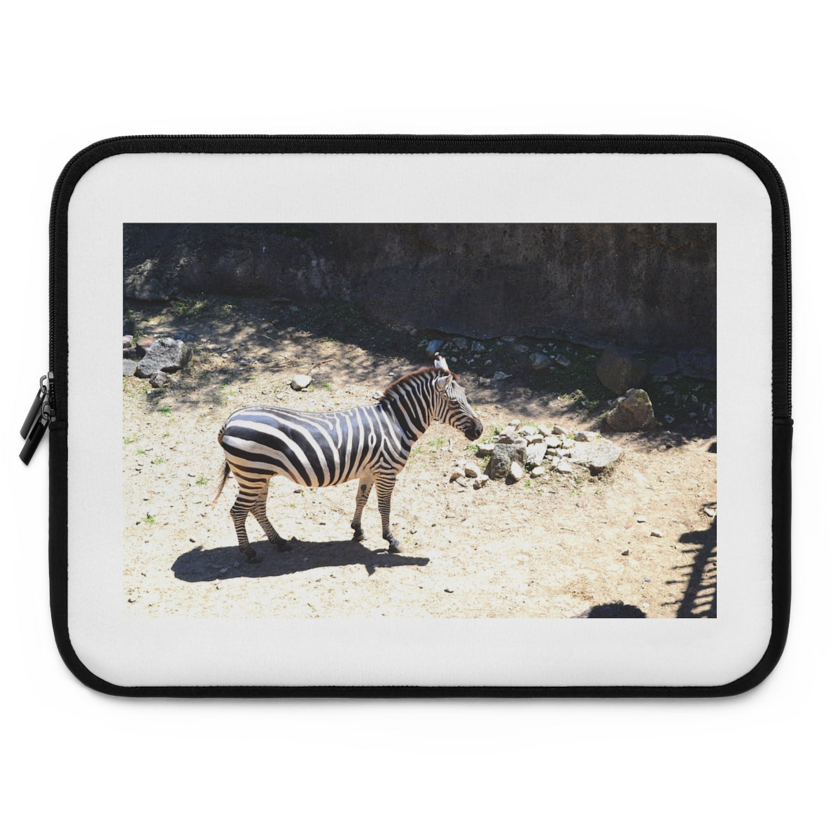 A stylish personalized laptop sleeve made of smooth neoprene, featuring a customizable front and solid black back, ideal for protecting laptops during travel.