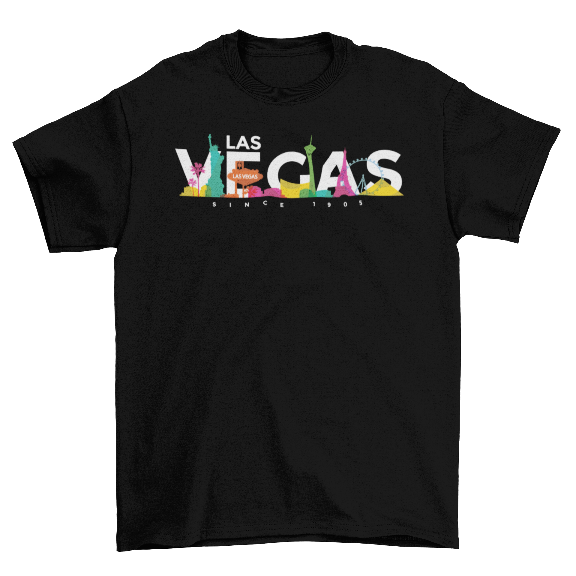 A colorful t-shirt featuring the Las Vegas skyline with iconic landmarks in bright hues.