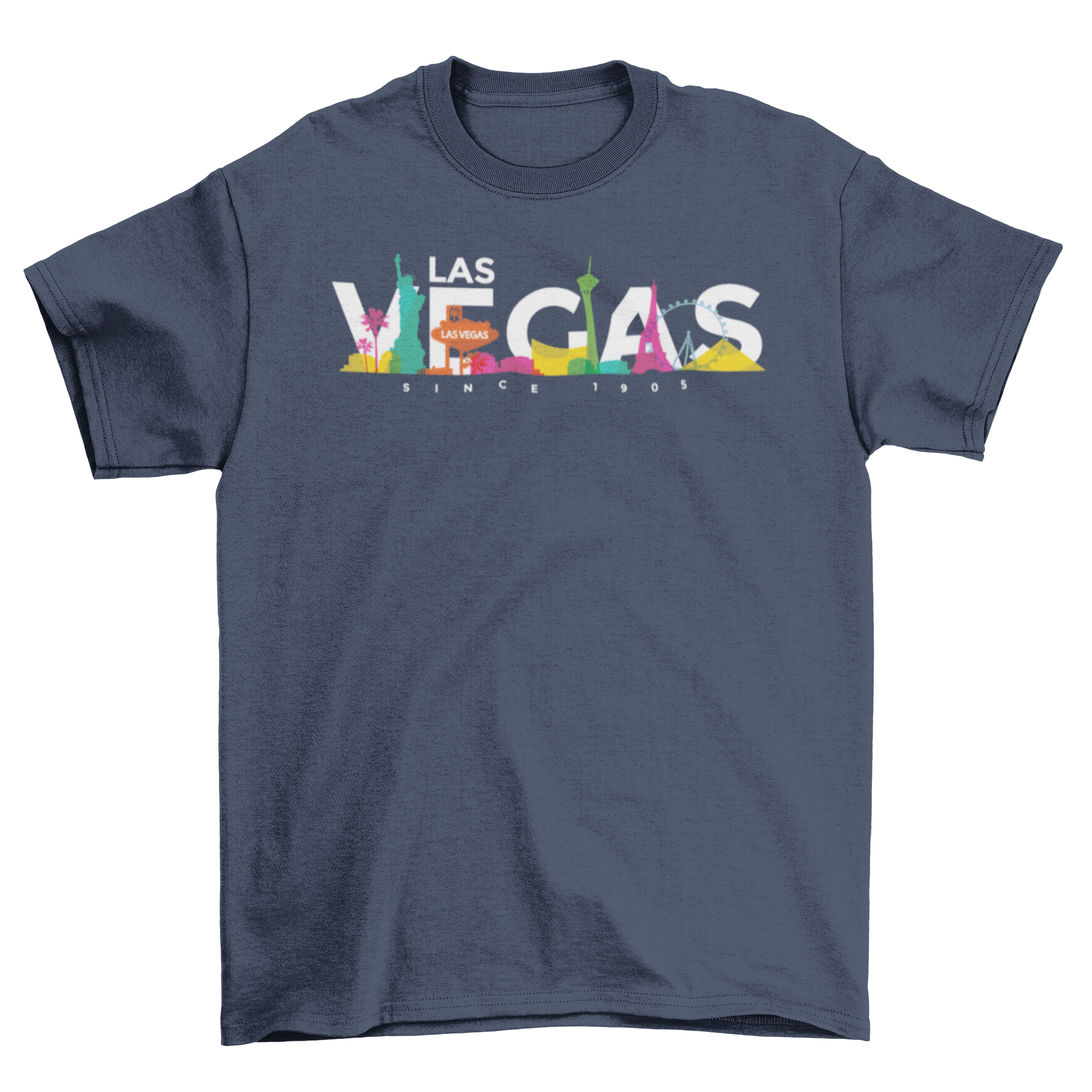 A colorful t-shirt featuring the Las Vegas skyline with iconic landmarks in bright hues.