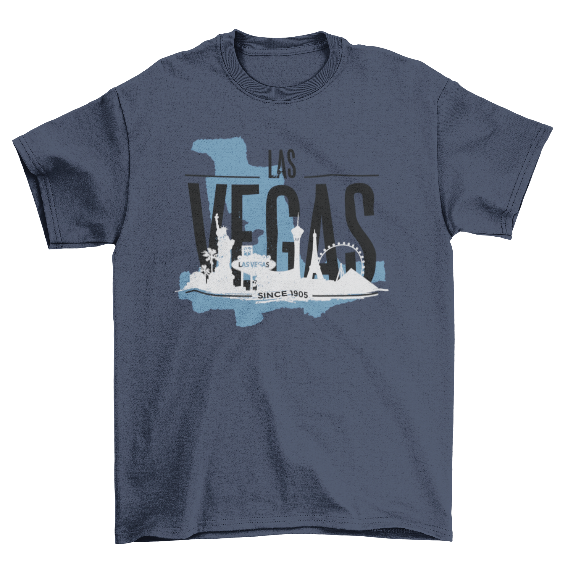 Vibrant t-shirt featuring the Las Vegas skyline in bright colors, showcasing iconic landmarks.