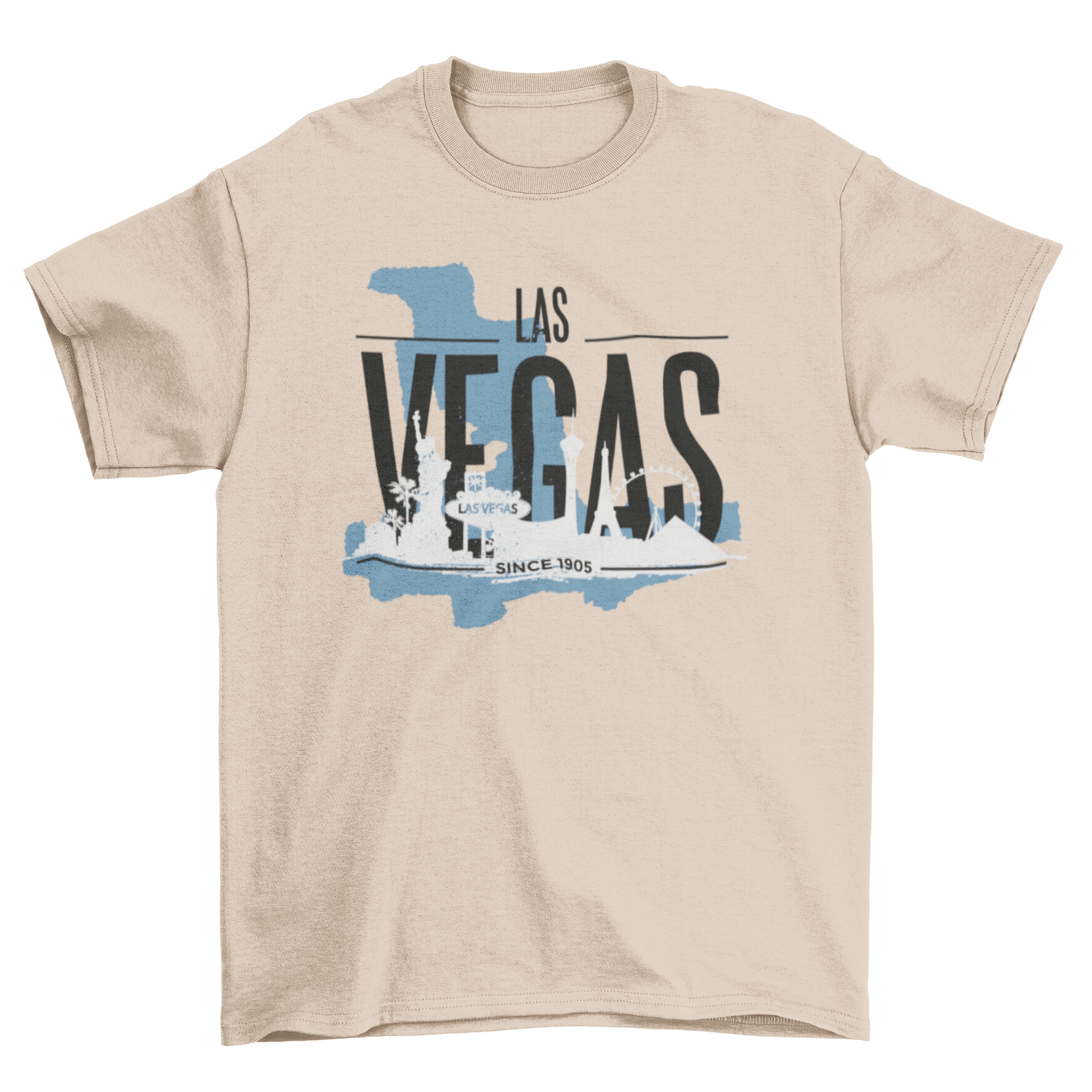 Vibrant t-shirt featuring the Las Vegas skyline in bright colors, showcasing iconic landmarks.