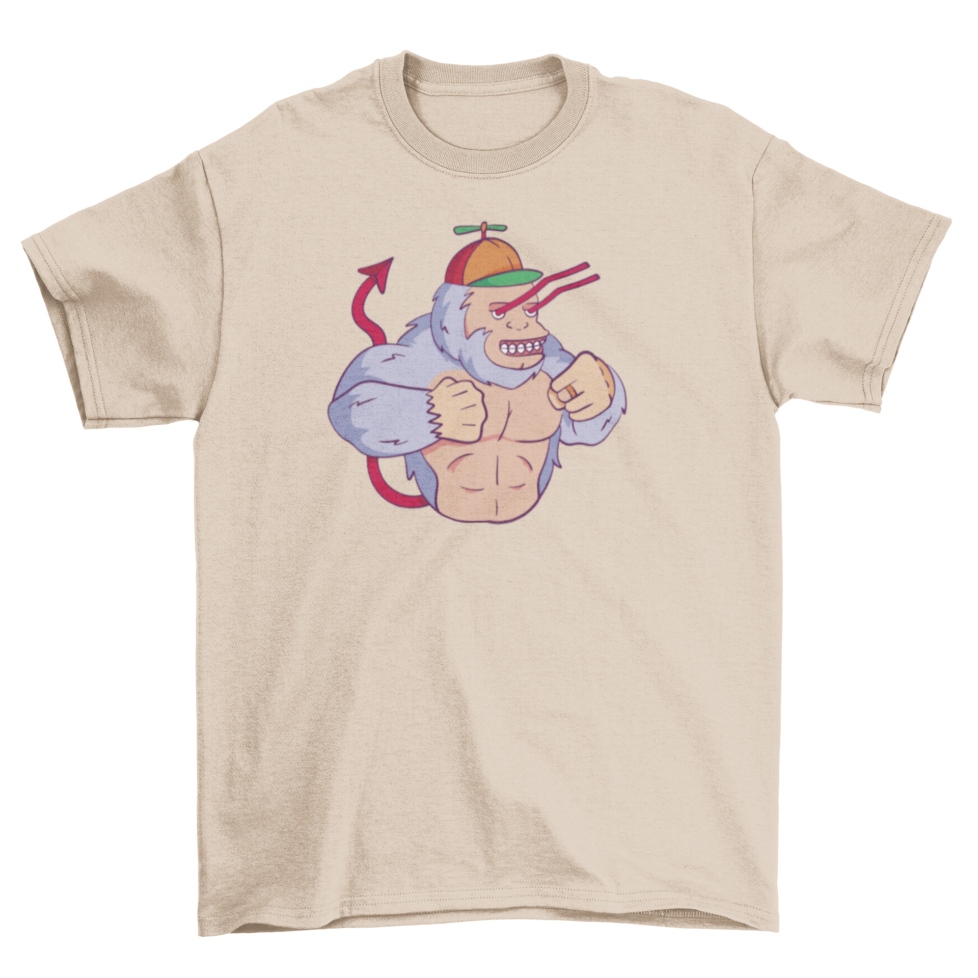 A stylish t-shirt featuring a monkey with laser eyes and a devil tail, showcasing a unique and fun design.