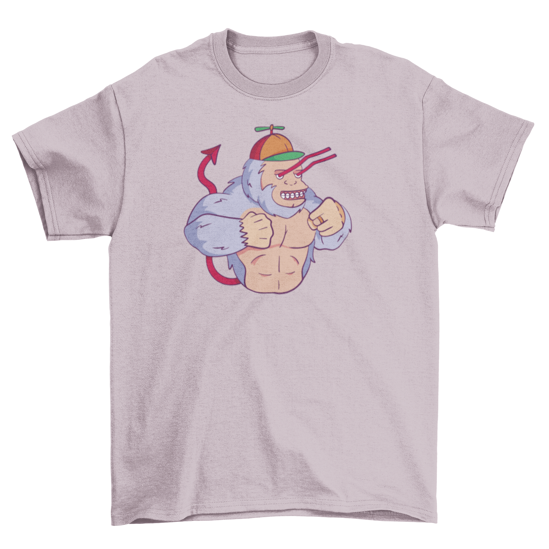 A stylish t-shirt featuring a monkey with laser eyes and a devil tail, showcasing a unique and fun design.