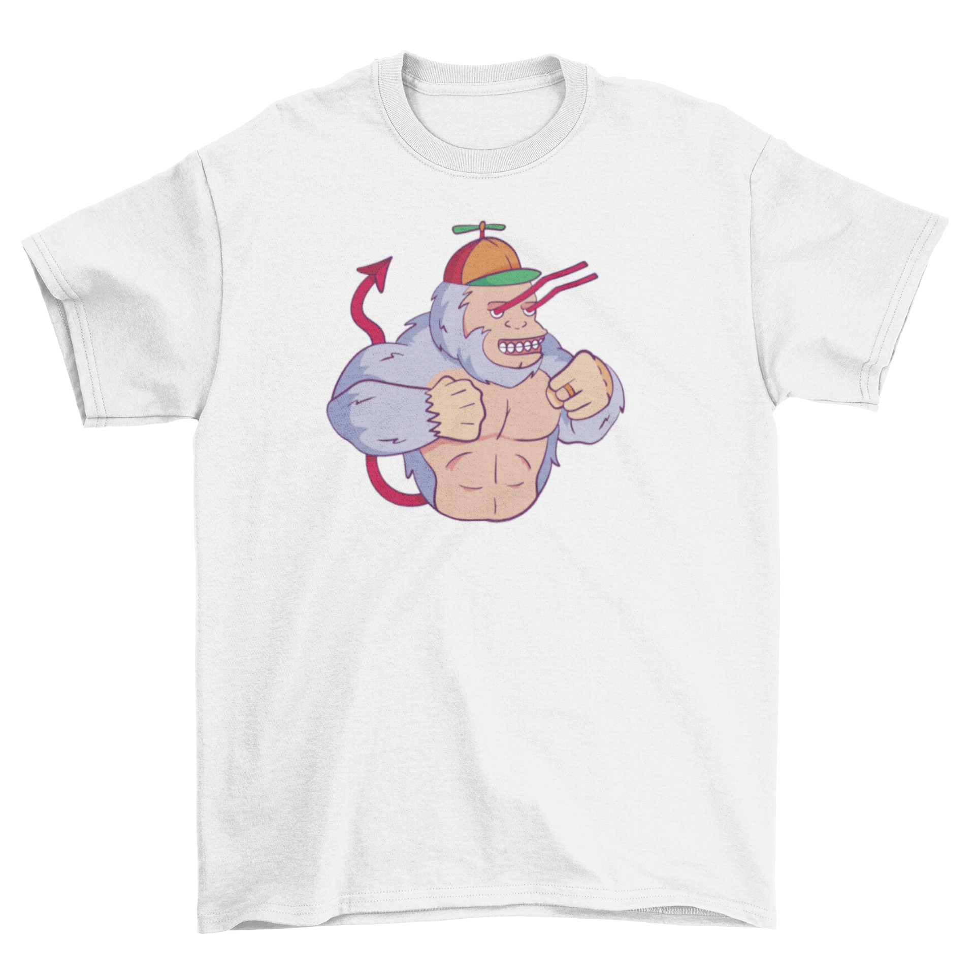 A stylish t-shirt featuring a monkey with laser eyes and a devil tail, showcasing a unique and fun design.