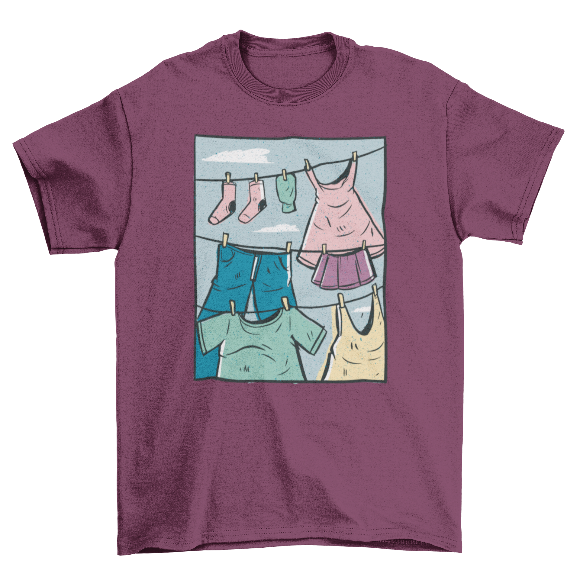 A stylish t-shirt featuring a whimsical design of various clothing items hanging from a washing line.