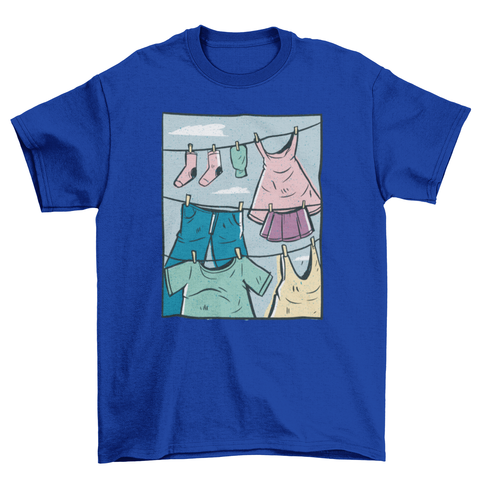 A stylish t-shirt featuring a whimsical design of various clothing items hanging from a washing line.