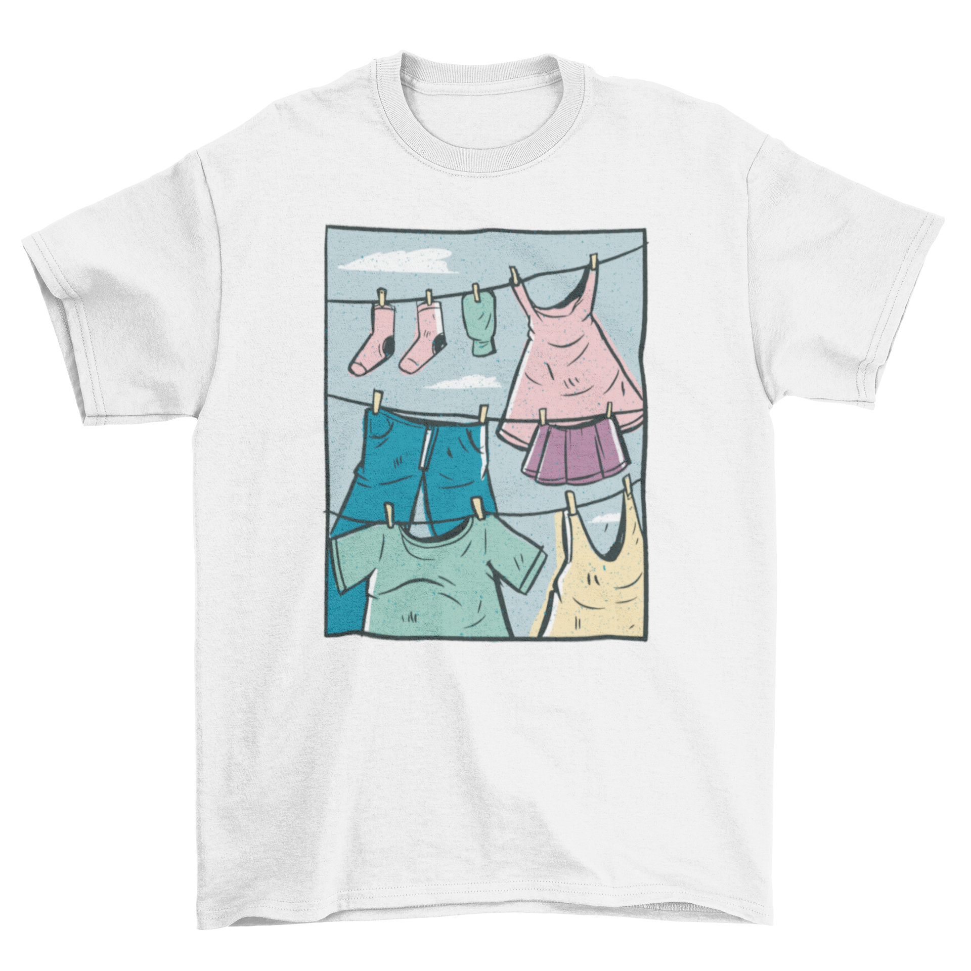 A stylish t-shirt featuring a whimsical design of various clothing items hanging from a washing line.