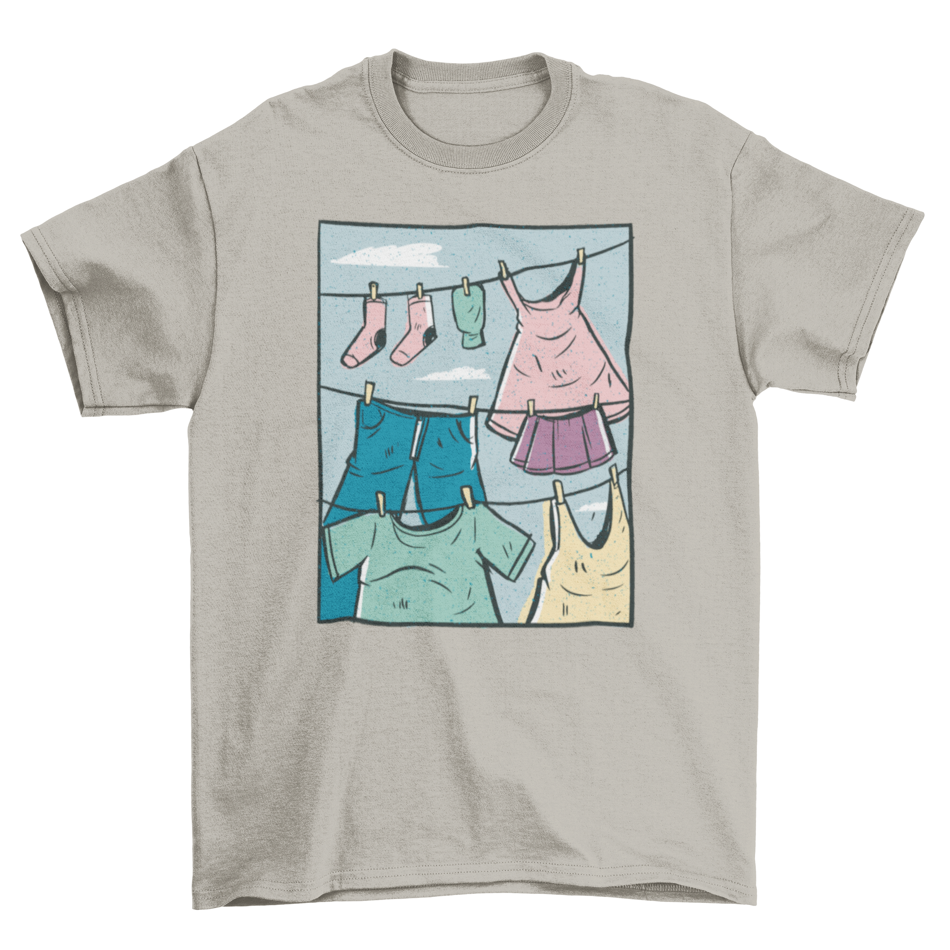 A stylish t-shirt featuring a whimsical design of various clothing items hanging from a washing line.