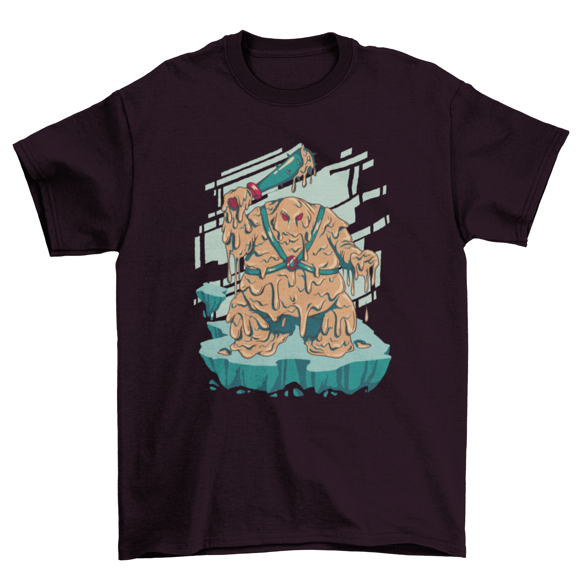 Lava Nightmare Monster T-Shirt featuring a fierce lava monster with a weapon, showcasing vibrant colors and intricate design.