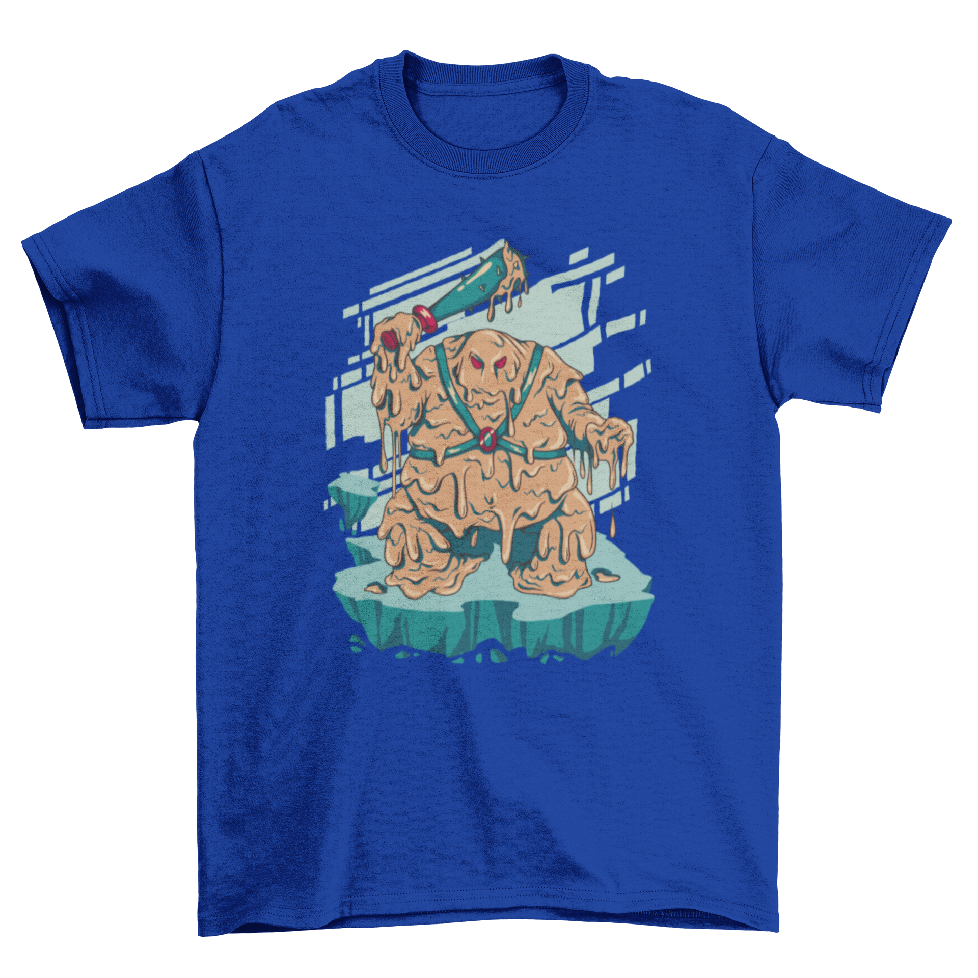 Lava Nightmare Monster T-Shirt featuring a fierce lava monster with a weapon, showcasing vibrant colors and intricate design.