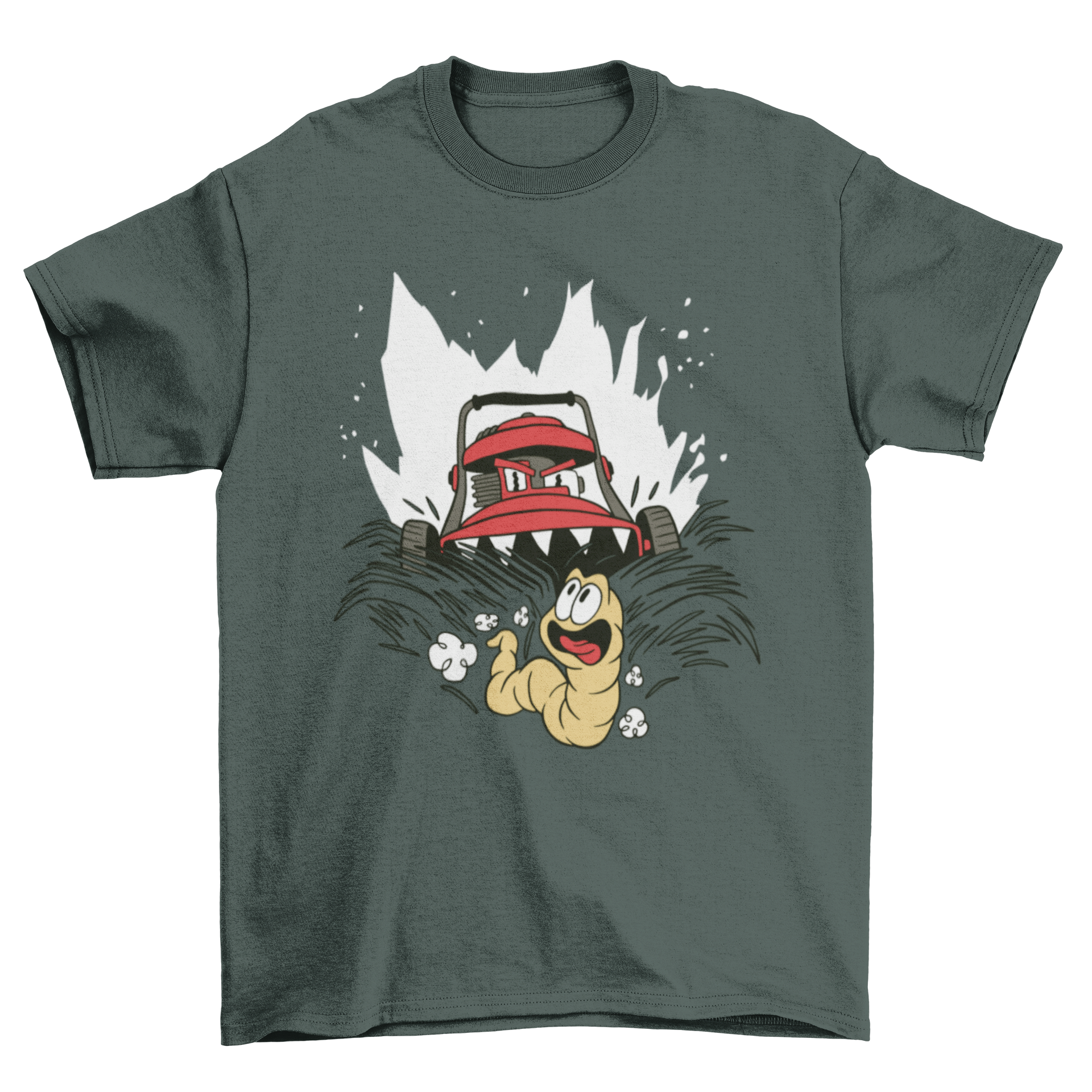 A humorous t-shirt design featuring a lawn mower monster chasing a worm, showcasing vibrant colors and playful artwork.