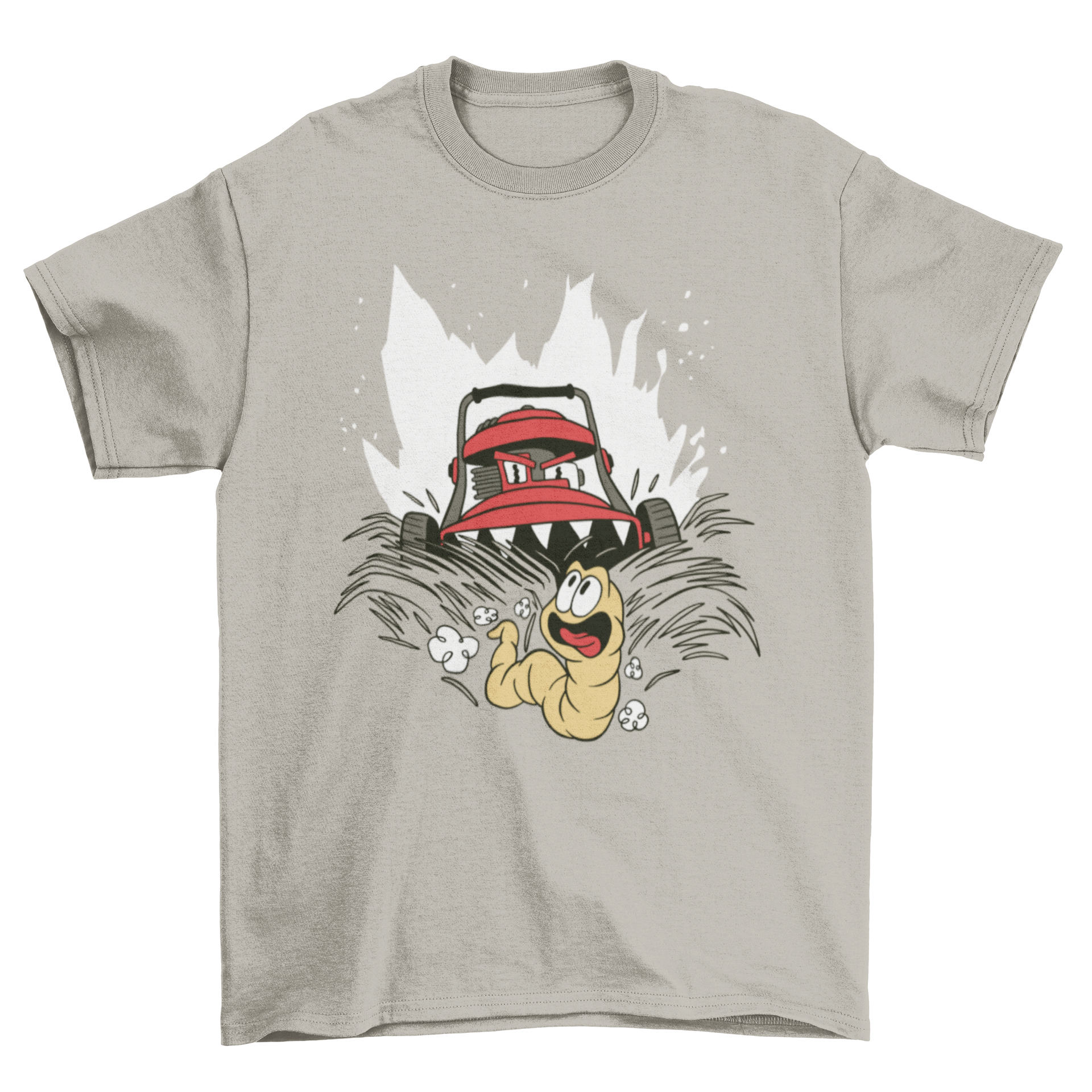 A humorous t-shirt design featuring a lawn mower monster chasing a worm, showcasing vibrant colors and playful artwork.